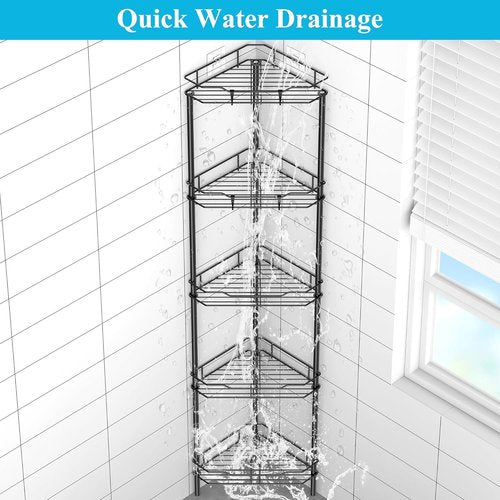 HuggieGems 5-Tier Corner Shower Caddy Organizer - Stylish Black Bathroom Shelf with Hooks