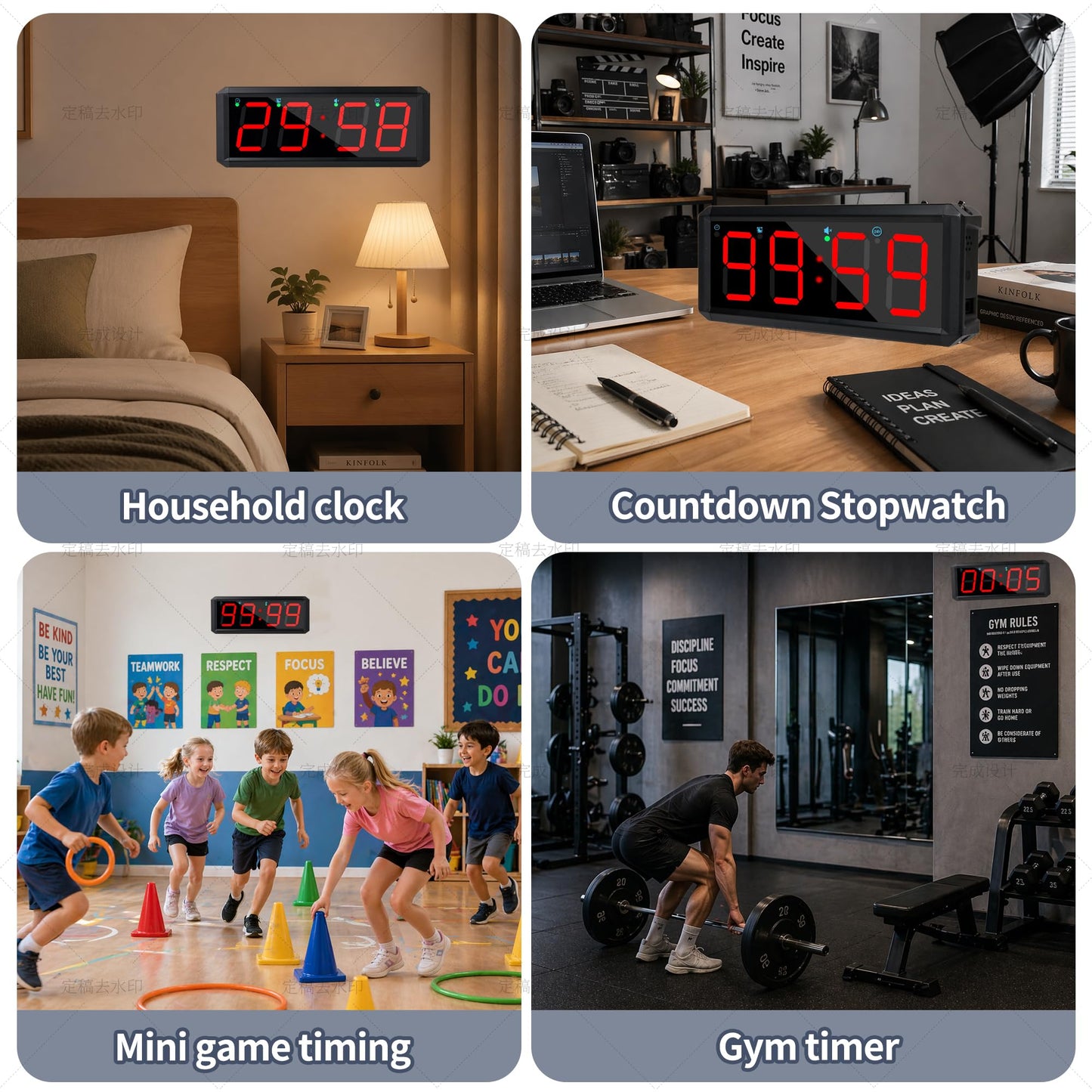 BS-MIAOBO 2.1 Inch LED Gym Clock, Portable Gym Timer, Fitness Timer with Stopwatch, Multi-Mode Countdown Timer with Calendar, 12/24H Clock & Alarm, for Workout, Training, Home and Daily Use