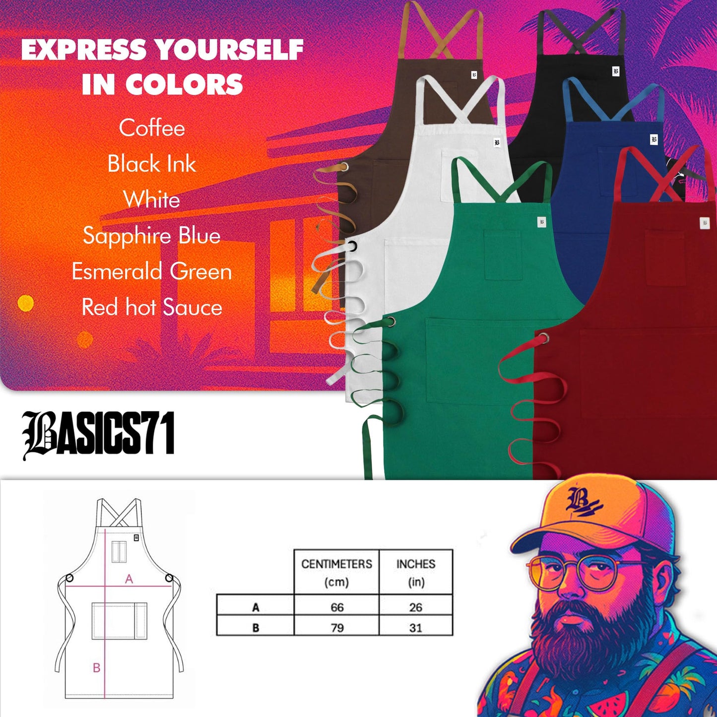 Basics71 Multi-Purpose Chef Apron – Kitchen, Grill & Restaurant Work Apron for Men & Women – Adjustable Fit – Durable Cotton Blend – Designed for All-Day Performance (Esmerald Green)