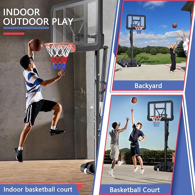 Portable Basketball Hoop,5.5-10FT Height Adjustable Outdoor Basketball Hoop Goal with 44 Inch Impact Backboard and Portable Wheels for Youth Adults Play in Backyard/Courts/Indoor