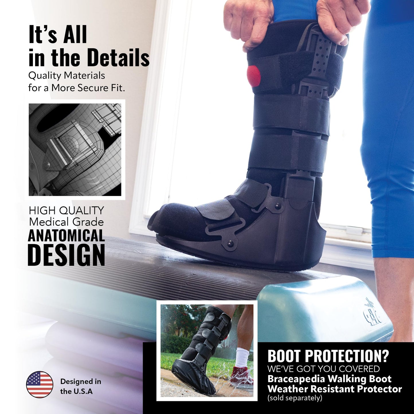 Braceapedia Tall Air Compression Walking Boot Foot Brace - Side Pump Pneumatic Brace for Ankle Support & Foot Injuries - 360 Rocker Sole Cam Walker for Stress Fractures, Black, L