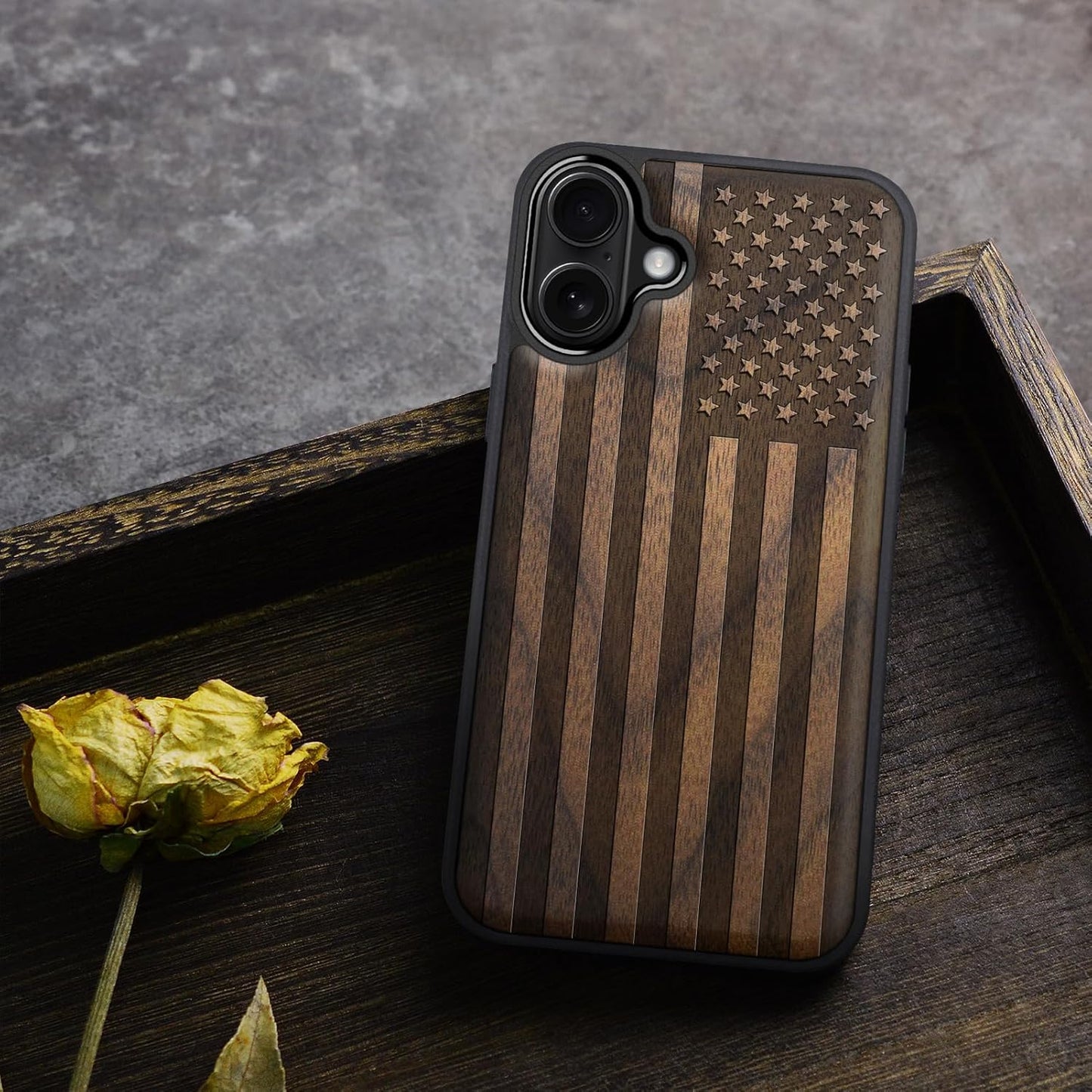 Carveit 17 Magnetic Wooden Case for iPhone Case, Wood Artisan Engraved & Black Soft TPU Shockproof Cover, Compatible