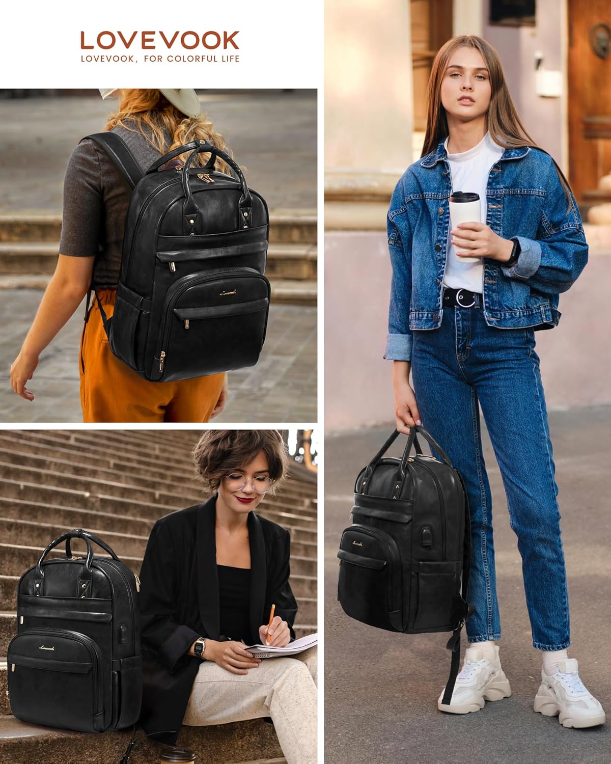 15.6 inch Backpack, 25L, LOVEVOOK Vintage PU Leather Women's Laptop Black, Water Resistant, USB Charging Port