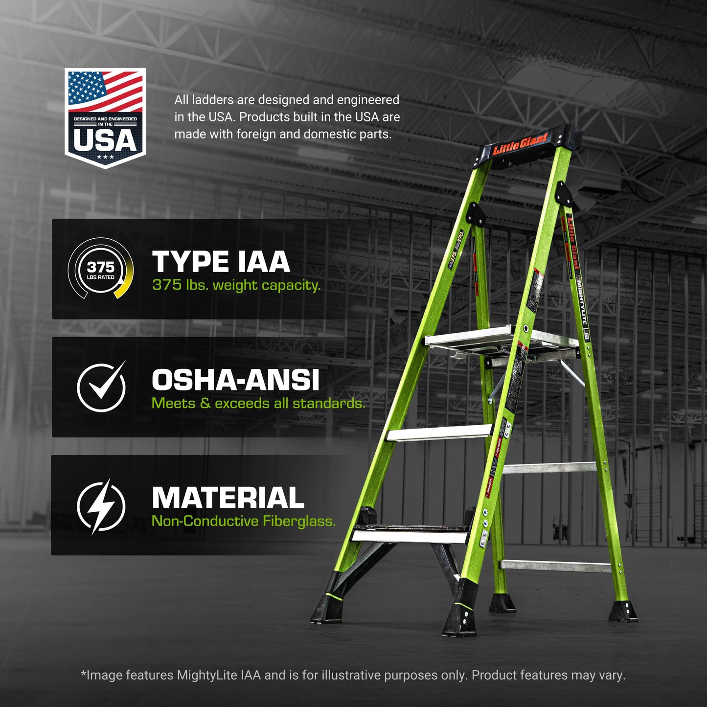 Little Giant Ladders, MightyLite 2.0, 6' Stepladder with Ground Cue, Fiberglass, Type IAA, 375 lbs Weight Rating, (15406-001), Green