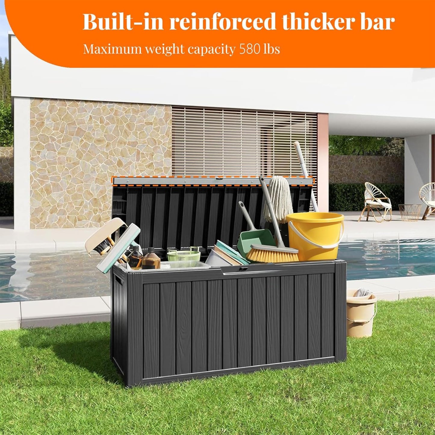 PatioZen 90 Gallon Resin Deck Box - Lockable Outdoor Storage for Furniture & Garden Tools | Waterproof - Black