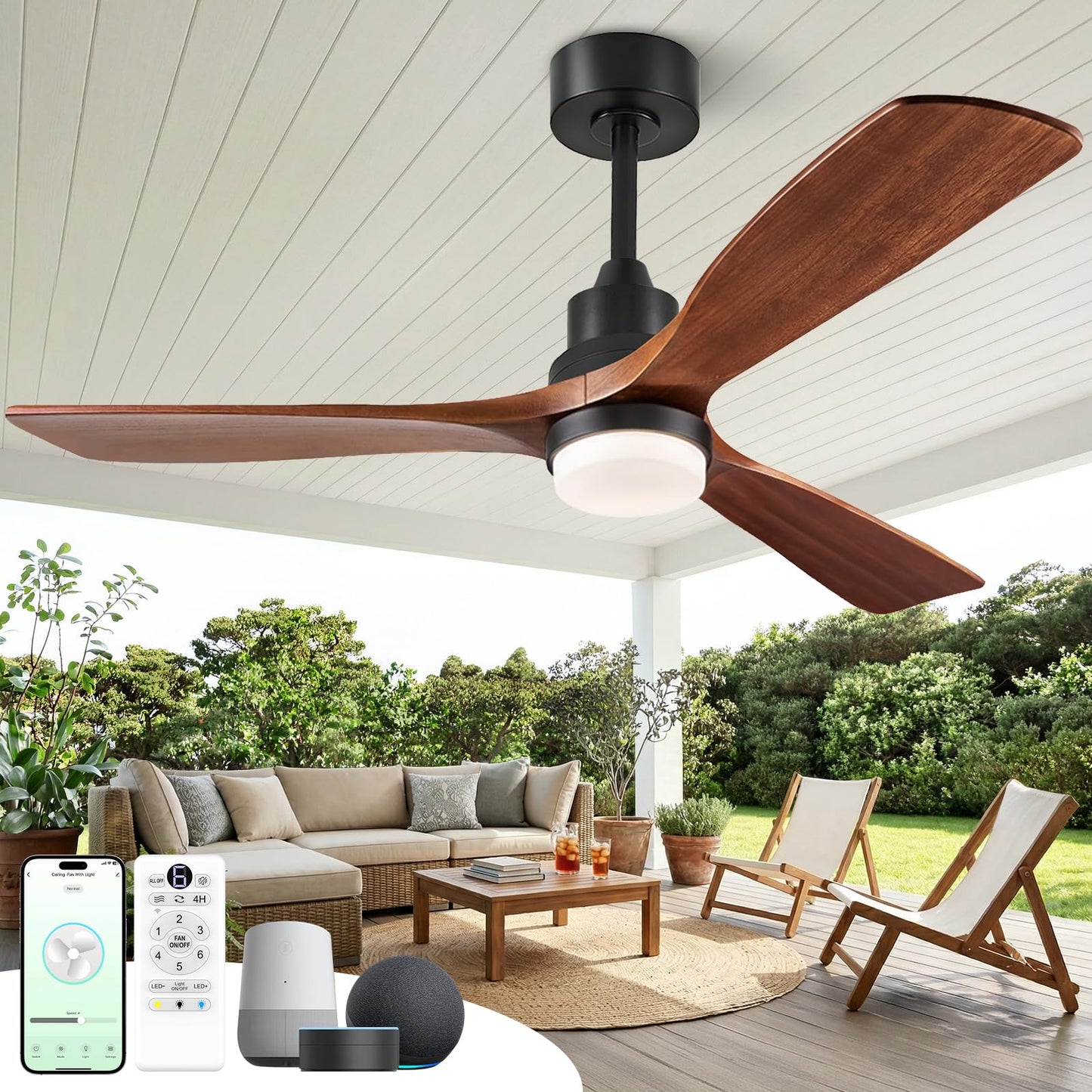 ORGINESE 60 inch Smart Ceiling Fan with Lights,Outdoor Ceiling Fan 3 Wood Blades Compatible with Alexa/Gg Voice Control&App&Remote,Quiet DC Motor for Covered Patio Porch Bedroom,Dark Walnut