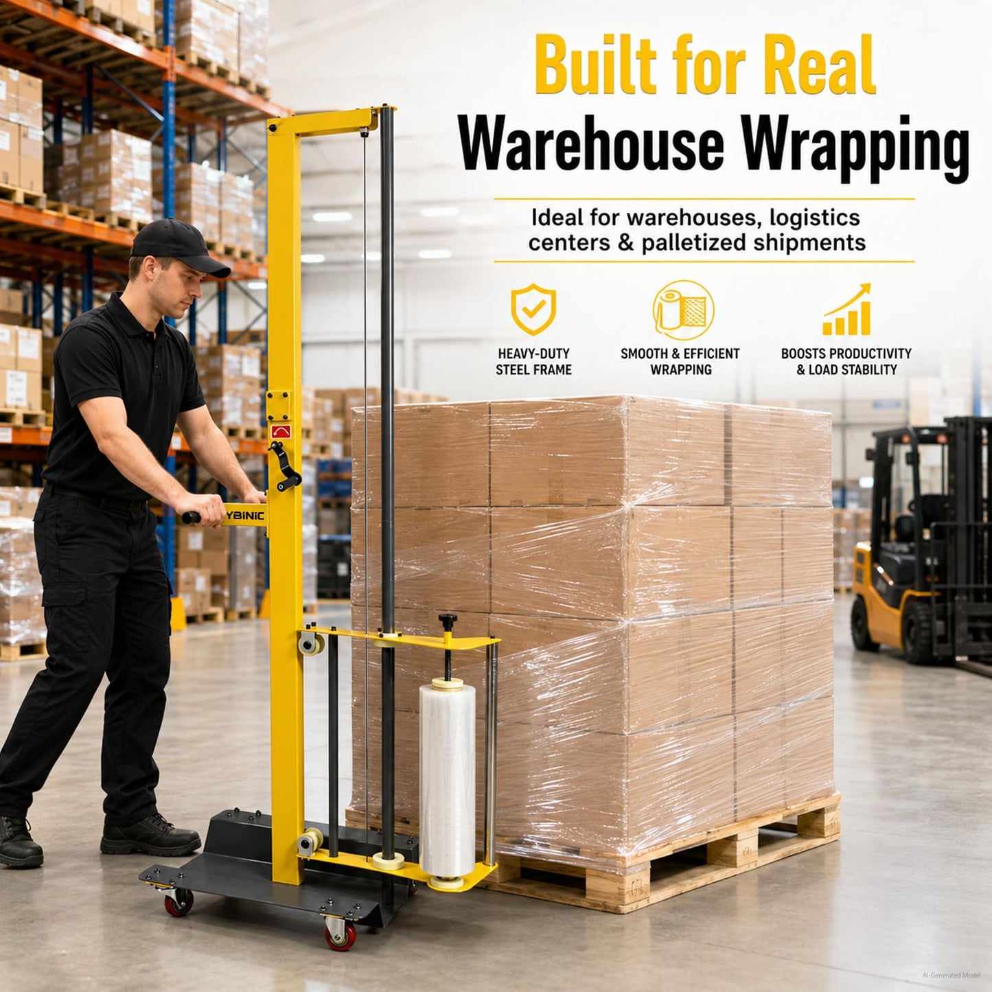 Heavy Duty Mobile Pallet Stretch Wrap Machine - Semi-Automatic Hand Push Trolley Wrapper with Adjustable Height (Up to 82"), Ergonomic Film Dispenser for Warehouse, Factory & Shipping Logistics