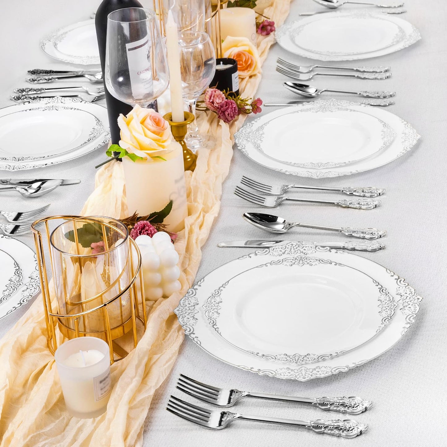 Bestluck 100 PCS White and Silver Plastic Plates for 50 Guests, Rose Gold Disposable Plates Include 50 PCS Dinner Plates, 50 PCS Dessert Plates for Party, Wedding and Baby Shower