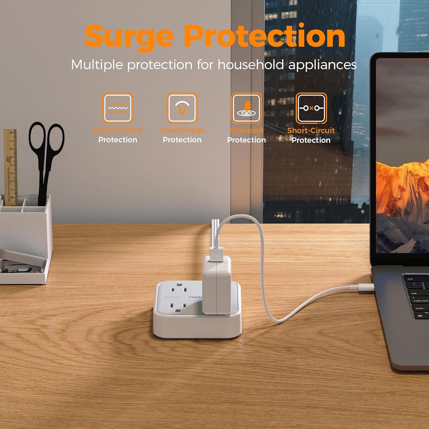 TESSAN 5 (1 3 Ultra Thin Flat Extension Cord FT, Slim Power Strip with USB Ports USB C), Surge Protector Flat Plug Wall
