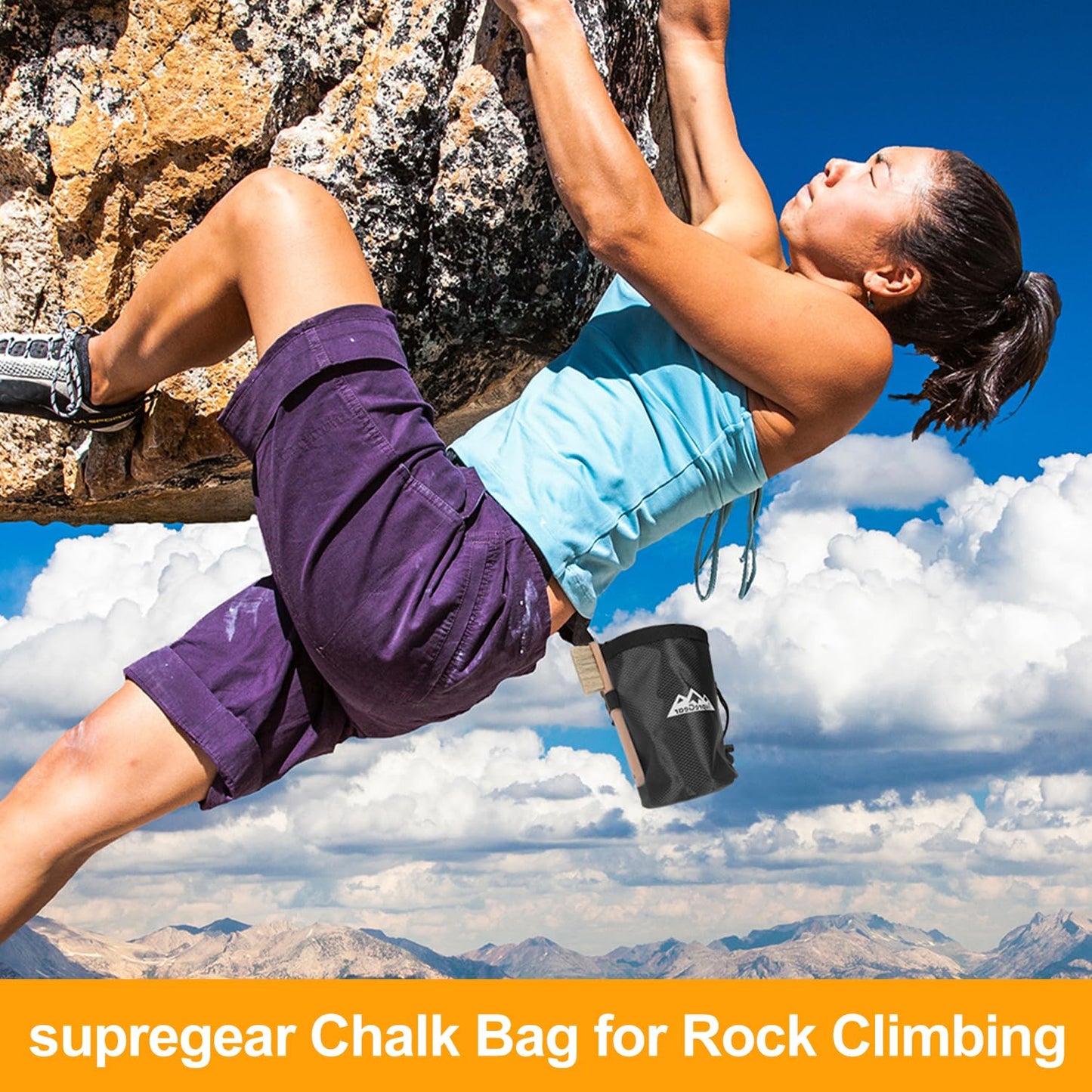 supregear Chalk Bag for Rock Climbing, Large Zipper Pocket with Brush Holder, Drawstring Closure, and Carabiner Clip, Ideal for Bouldering, Weightlifting, Gym, Black