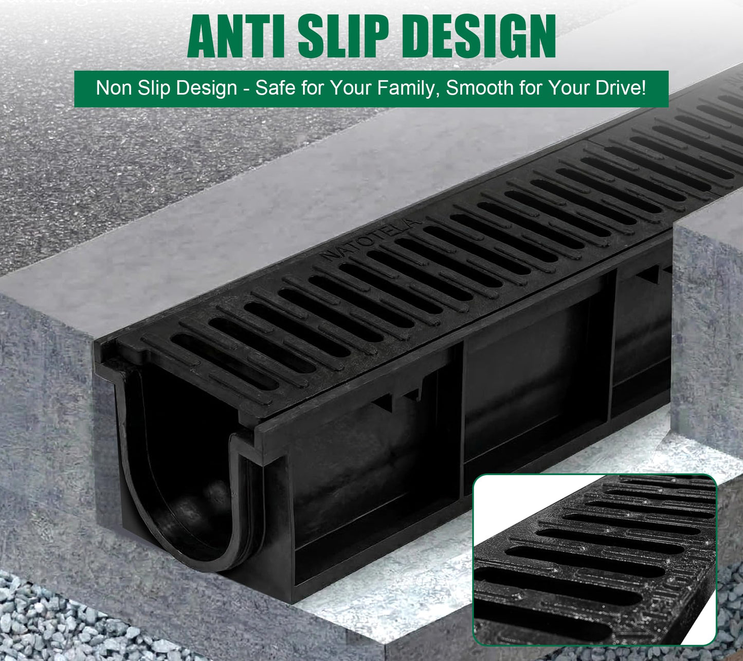 Natotela B Class Driveway Channel Drain with Ductile Iron Grate-39.4Lx6.1Wx5.5H in. Deep Profile Trench Drain System,3 Pack Total Length 118.2in,Heavy Duty Drainage System for Garage,Parking Lot
