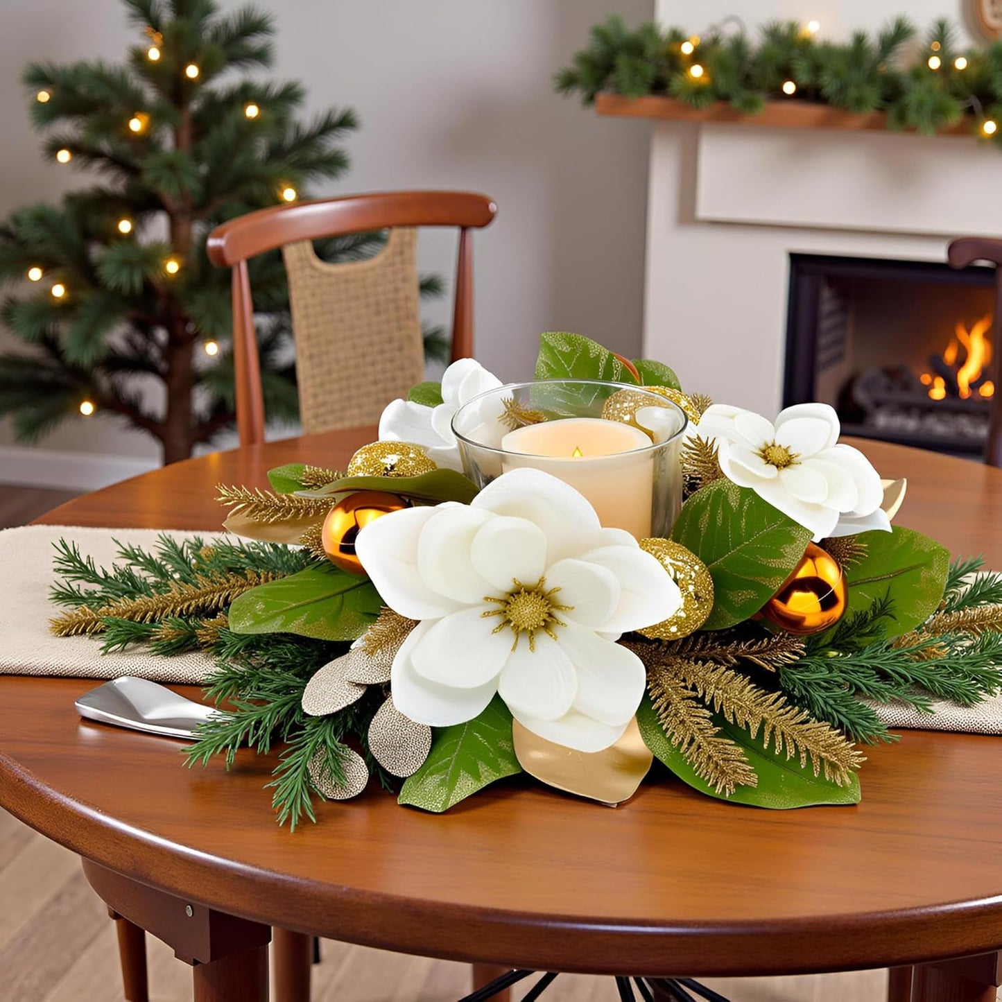 Skiennix 18" Centerpiece - Flameless LED Candle Holder with White Magnolia & Gold Baubles for Holiday Decor
