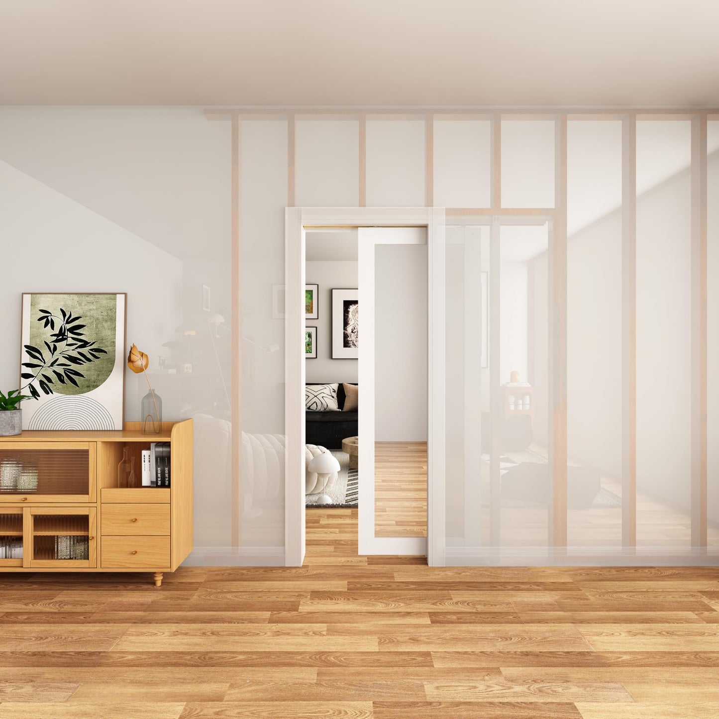 JUBEST Pocket Door 30"x80", 1-Panel Mirrored Sliding Pocket Door with Soft Close Hardware Kit, Sturdy Solid Wood & MDF with Water-Proof PVC Surface, No Assembly Required, White