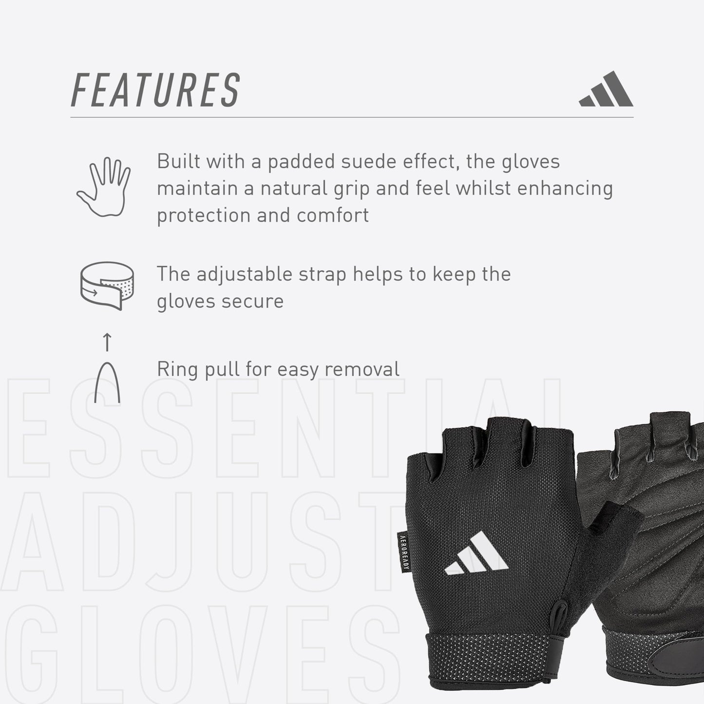 adidas Essential Adjustable Fingerless Gloves for Men and Women - Padded Weight Lifting Gloves - Adjustable Wrist Straps for Tailored, Secure Fit - White, Small