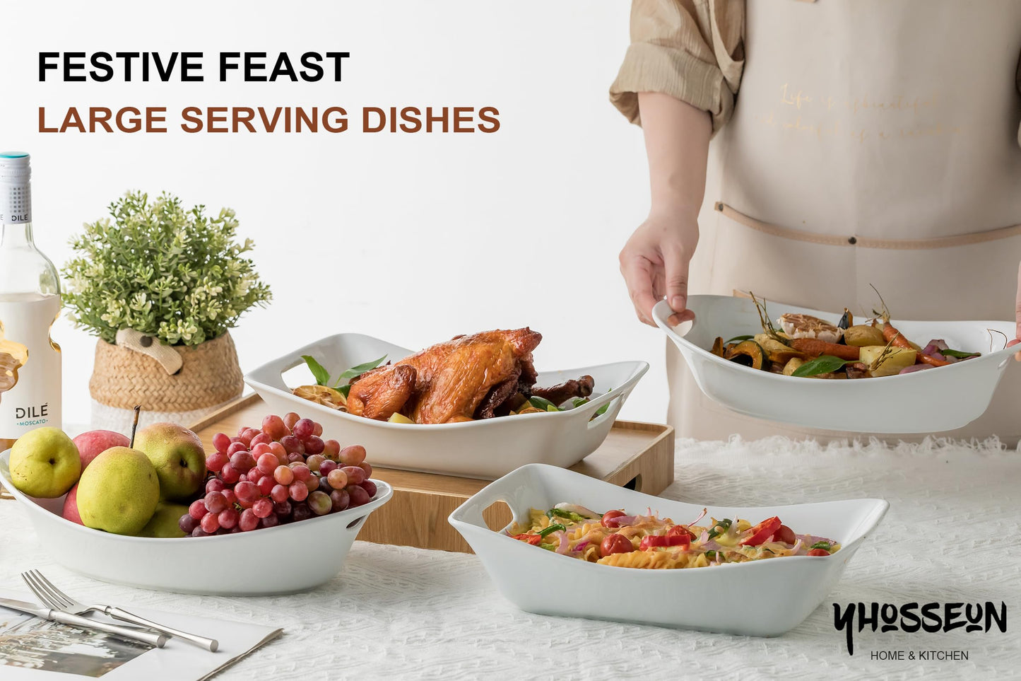 YHOSSEUN Large Serving Bowls with Handles White Serving Dishes For Entertaining, 1.5 Quarts Ceramic Bowl Set Rectangle Serving Platter for Thanksgiving, 2 Pack