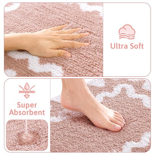 Findosom Bathroom Rugs Sets 5 Piece, Absorbent Soft Non-Slip Washable Microfiber Shaggy Bath Mat Set with Bathroom Runner Rug, U-Shaped Toilet Rugs, Shower Rug & Toilet Lid Cover, Pink-White