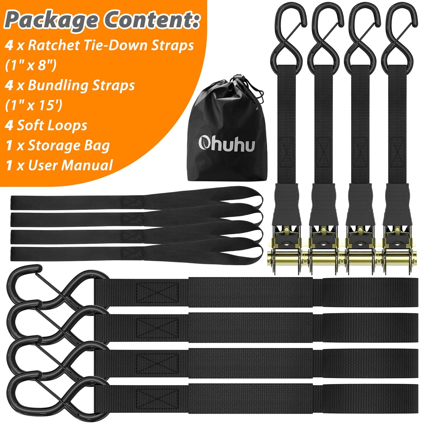 Ratchet Tie Down Straps with Safety Clip 4-Pack 1" x 15' & 4 Soft Loops - 500 lbs Load Cap 1500 lbs Breaking Limit, Ohuhu Ratchet Tie Downs Logistic Cargo Straps for Moving Appliances, Motorcycle