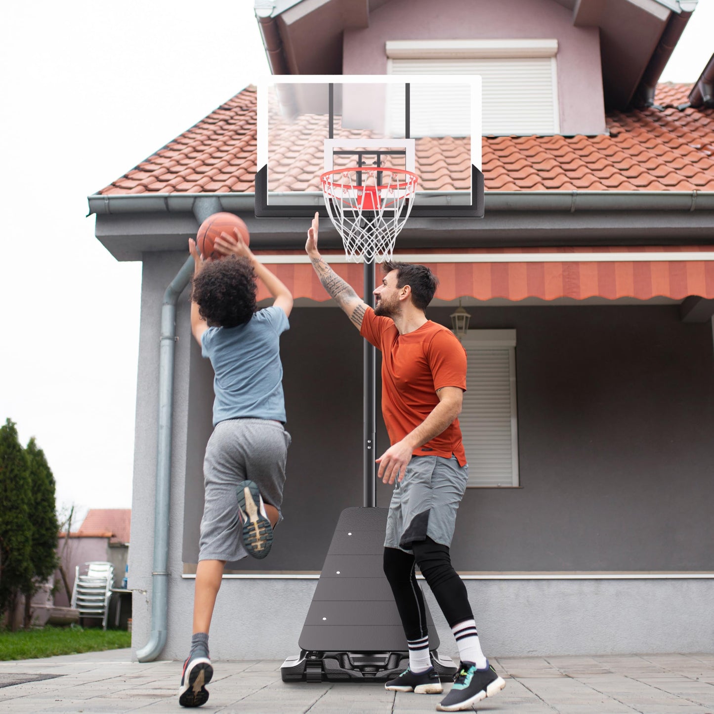 Feelwin Basketball Hoop Outdoor System with 10ft Height Adjustable, 45/48in Steel Frame Backboard Basketball Goal Court System, Portable Hoop for Youth and Adults in Driveway Backyard Pool Play