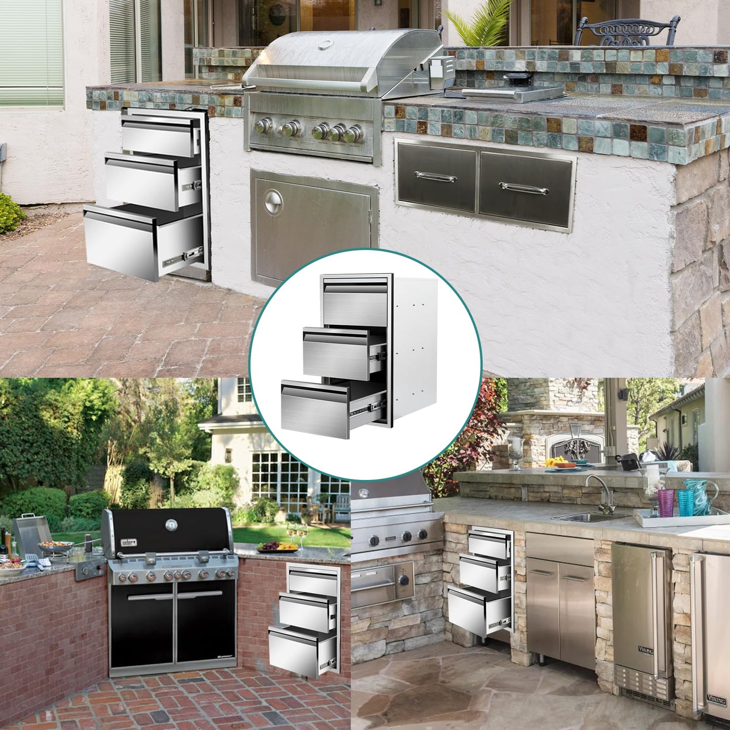 Outdoor Kitchen Drawers 14" W x 25.4"H x 21"D Stainless Steel Drawer BBQ Triple Drawers with Hidden Handle for Outdoor Kitchen Island, Patio Grill Station