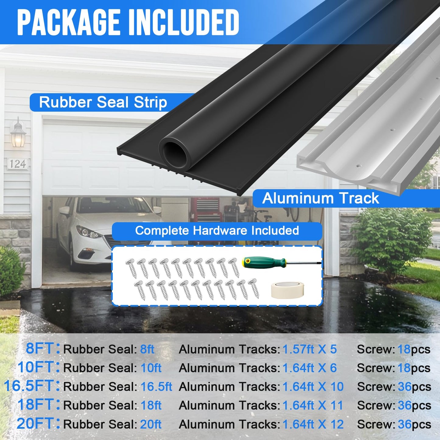 alophoty 8 FT Garage Door Seal Bottom Kit - Heavy Duty EPDM Rubber U+O Ring Weather Stripping with Pre-drilled Aluminum Track, Universal Replacement Stops Rain, Drafts & Pests, Easy to Install