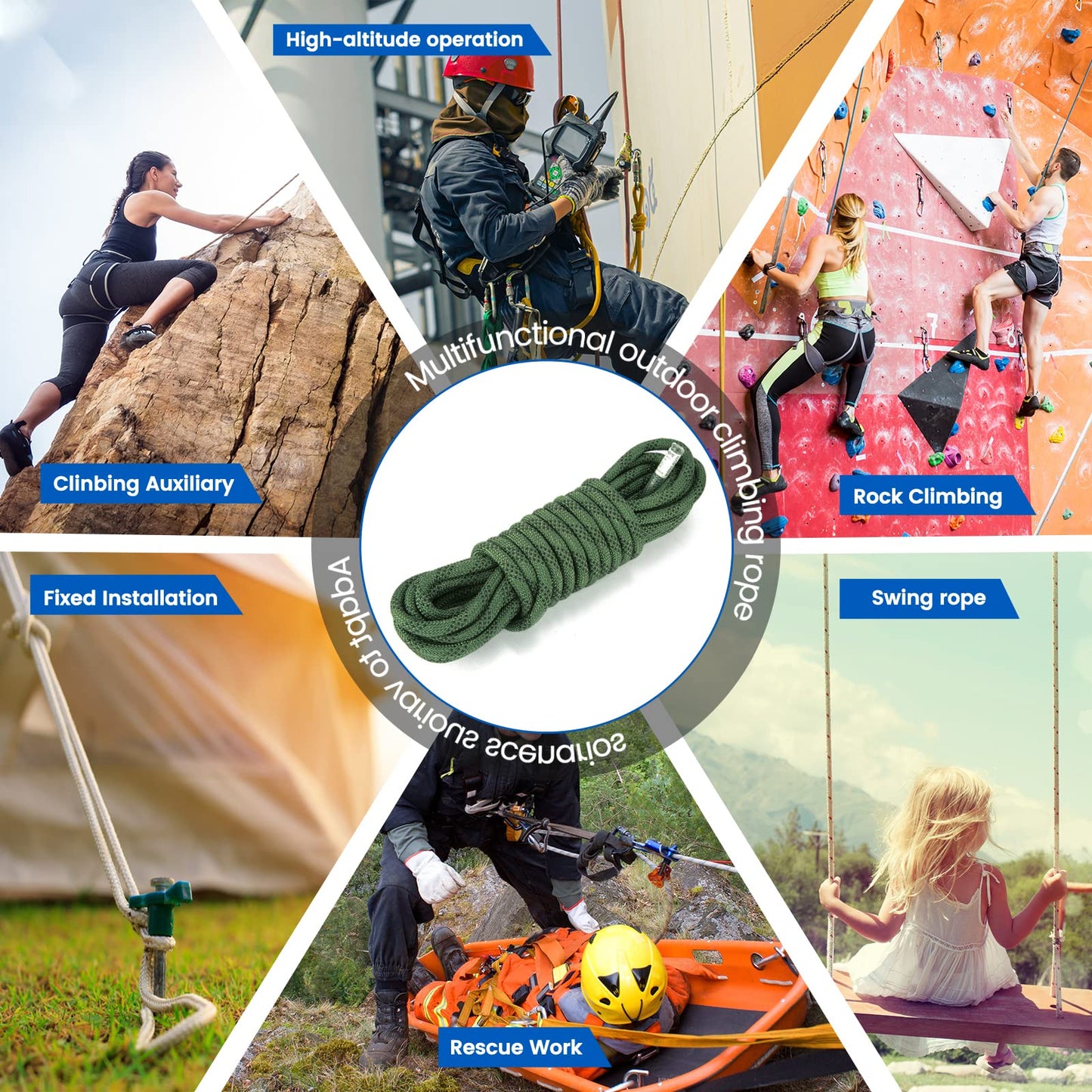 Static Climbing Rope 10M(32ft) 20M(65ft), 10mm Outdoor Rock Climbing Safety Rope Arborist Tree Climbing Rope, Escape Rappelling Tree Pulling Swing Sailing Fire Rescue Parachute Rope, Army Green