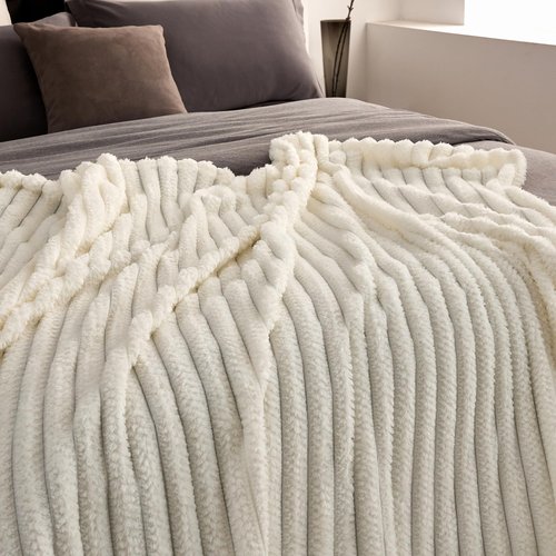 KORBLISS Super Soft Queen Blanket for Bed, Premium Silky Flannel Fleece with 3D Jacquard Wheat Decorative, Lightweight and Cozy for Living Room, and All-Season Use, 90x90 Inches.Ivory