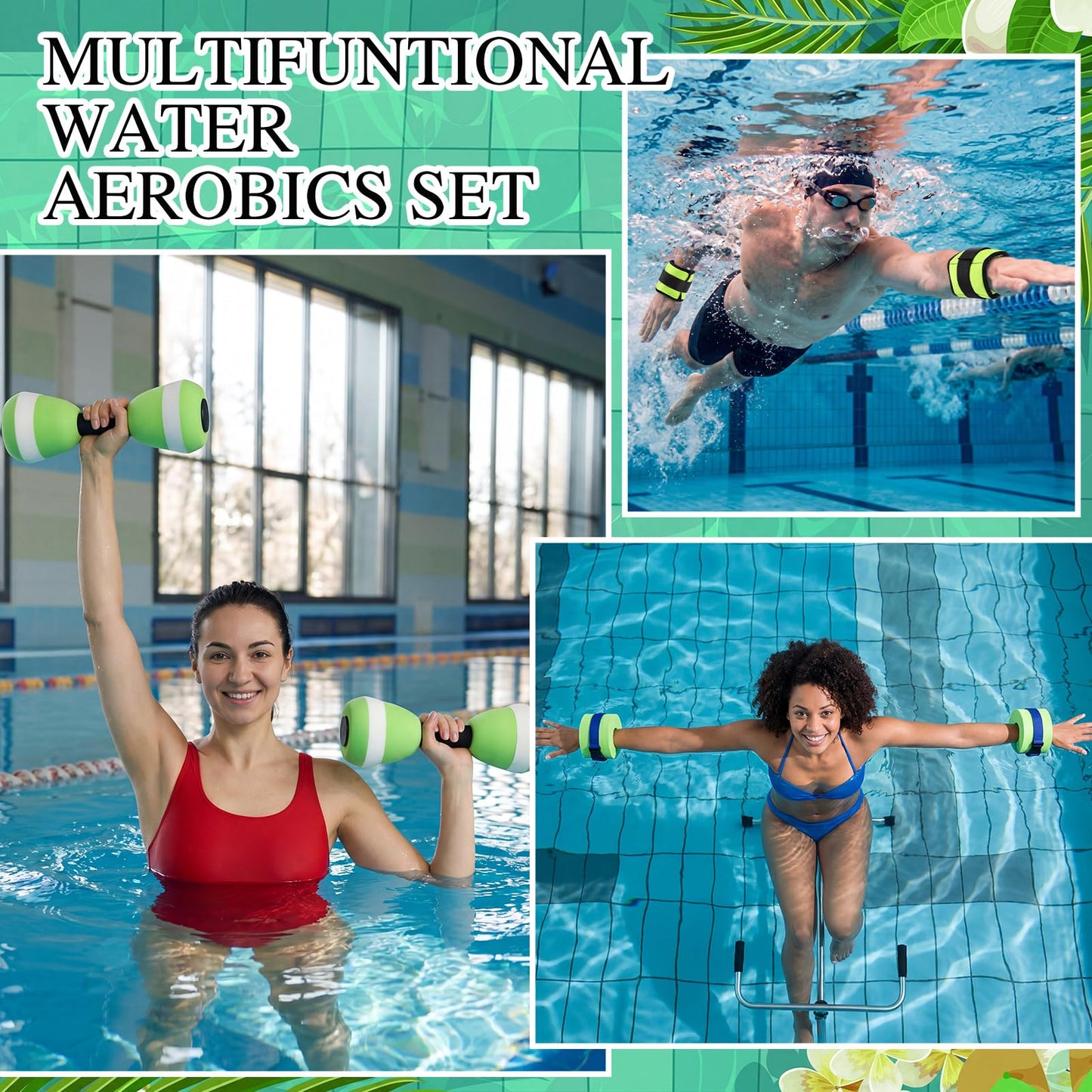 Teyva Daily 7 Pcs Aquatic Exercise Set Water Aerobics Set Including 2 Ankle/Wrist Weights for Land or Water 2 Exercise Foam Dumbbells Cuffs Large Mesh Beach Bag for Pool Weight Loss (Green)