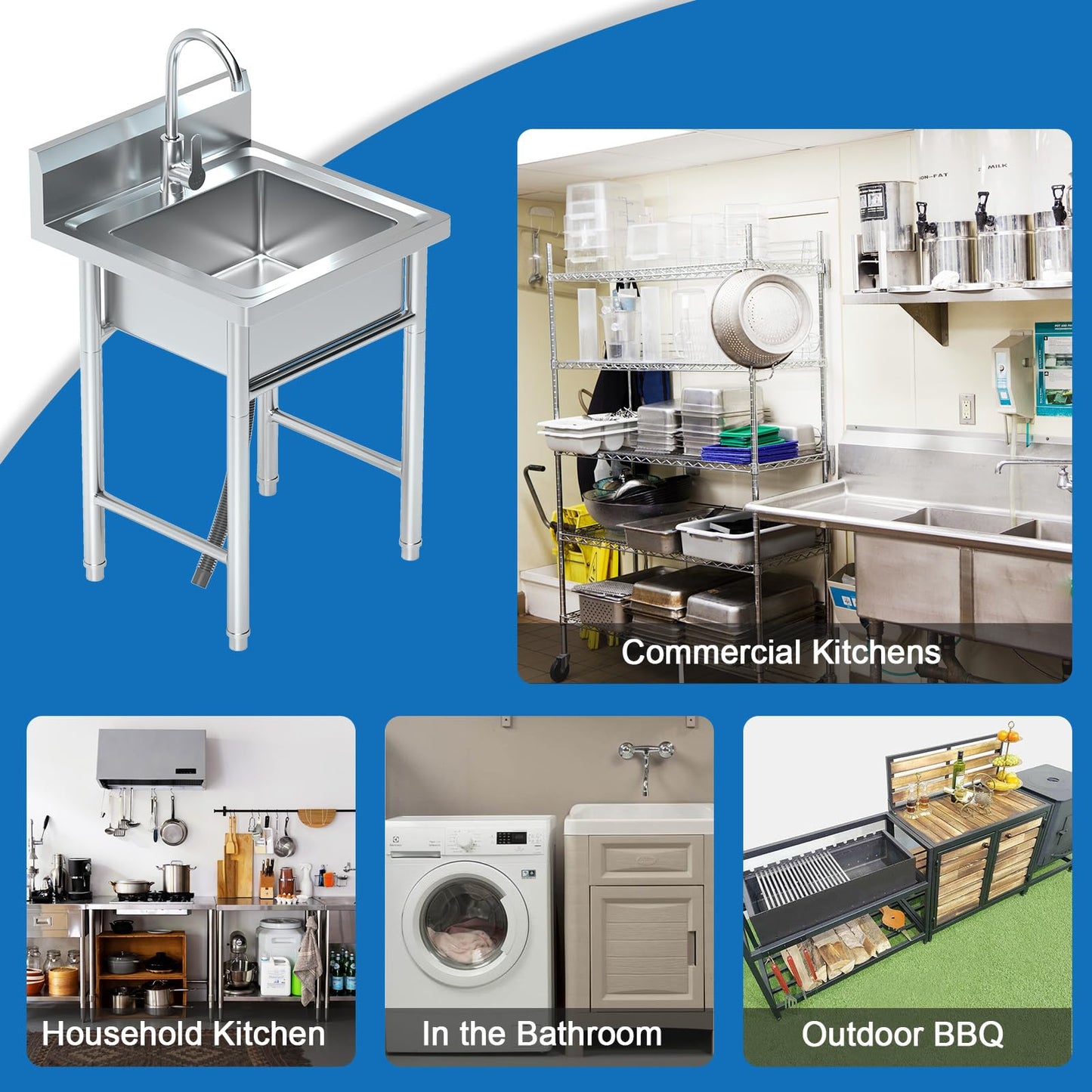 20''Stainless Steel Utility Sink with Hot/Cold Water Plumbing & Shelf for Kitchen, Bathroom, Laundry