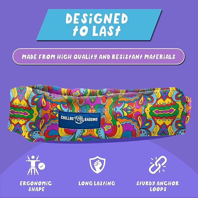 Chillbo Shwaggins Inflatable Couch – No-Pump Setup, Ripstop Polyester, Stability Pegs, Fun Prints, Portable Air Lounger for Beach, Camping, Festivals, and Tailgating - 60s Pyschedelic