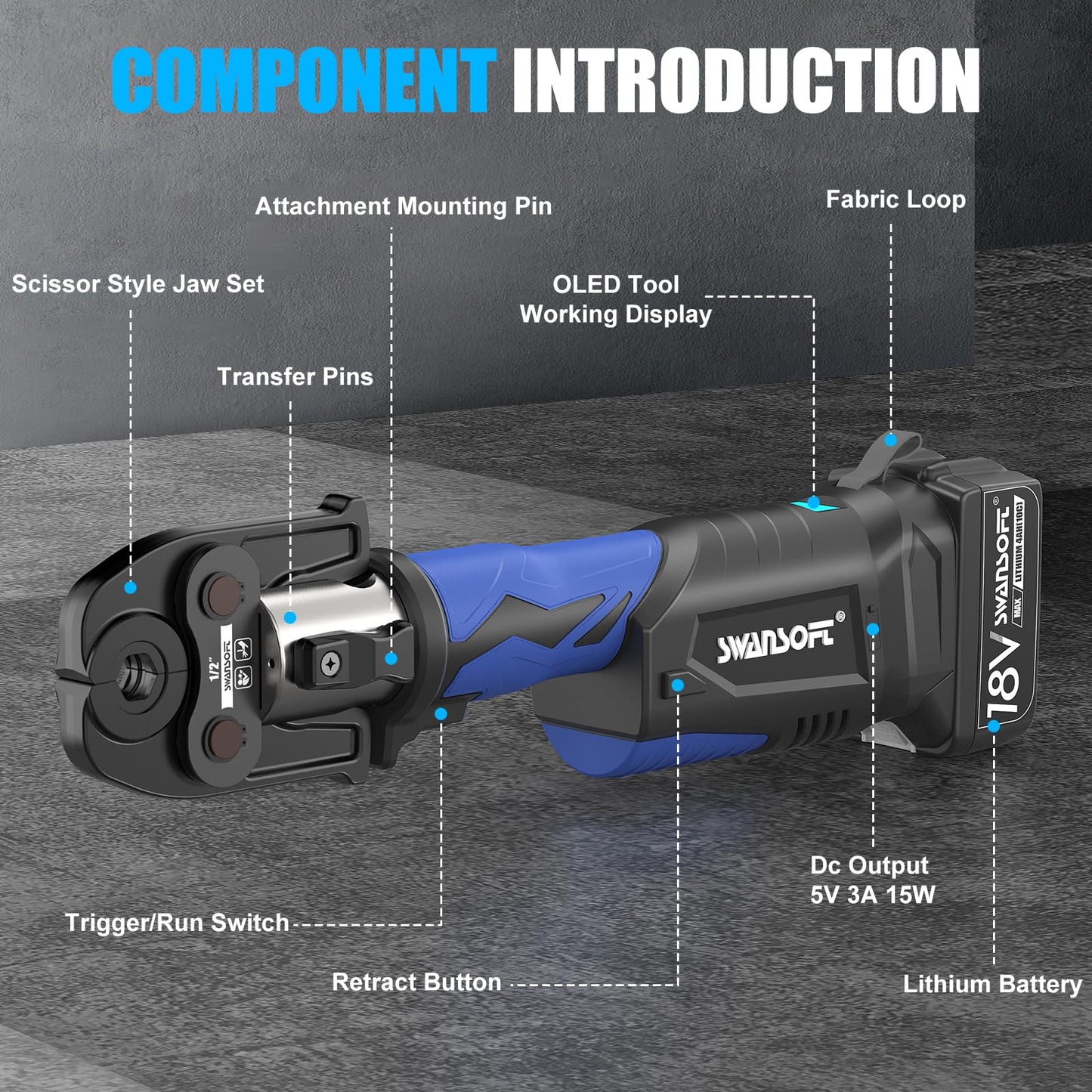 SWANSOFT Pro Press Tool, 18V 4Ah Battery Electric Hydraulic Crimping Tool for Copper Pipes with 3 US Compact VUS 1/2", 3/4'', 1",Jaws Pro Press Copper Plumbing Crimper Tool Kit(SWPR-12522B)