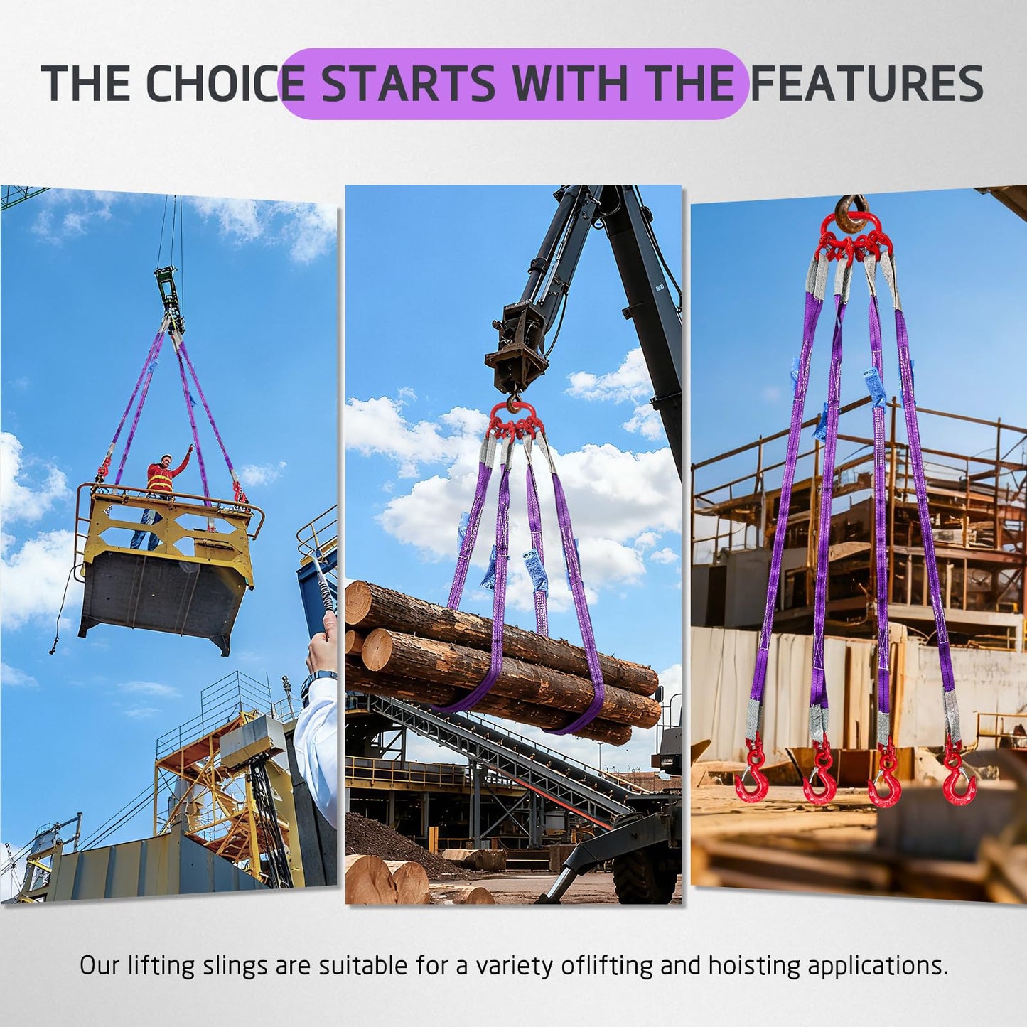 SENKEYFE Four Leg Bridle Web Sling 5ft 6600lbs Lifting Slings with G80 Alloy Steel Grab Hooks and Adjuster Polyester Webbing Purple Rigging Straps for Safe Towing and Handling of Cargo