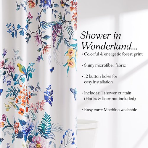 Lush Decor Fantasia Shower Curtain Single 72" W x 72" L Teal & Blue - Floral Shower Curtains - Tropical Bath Curtain - Bird Print - Modern Decor