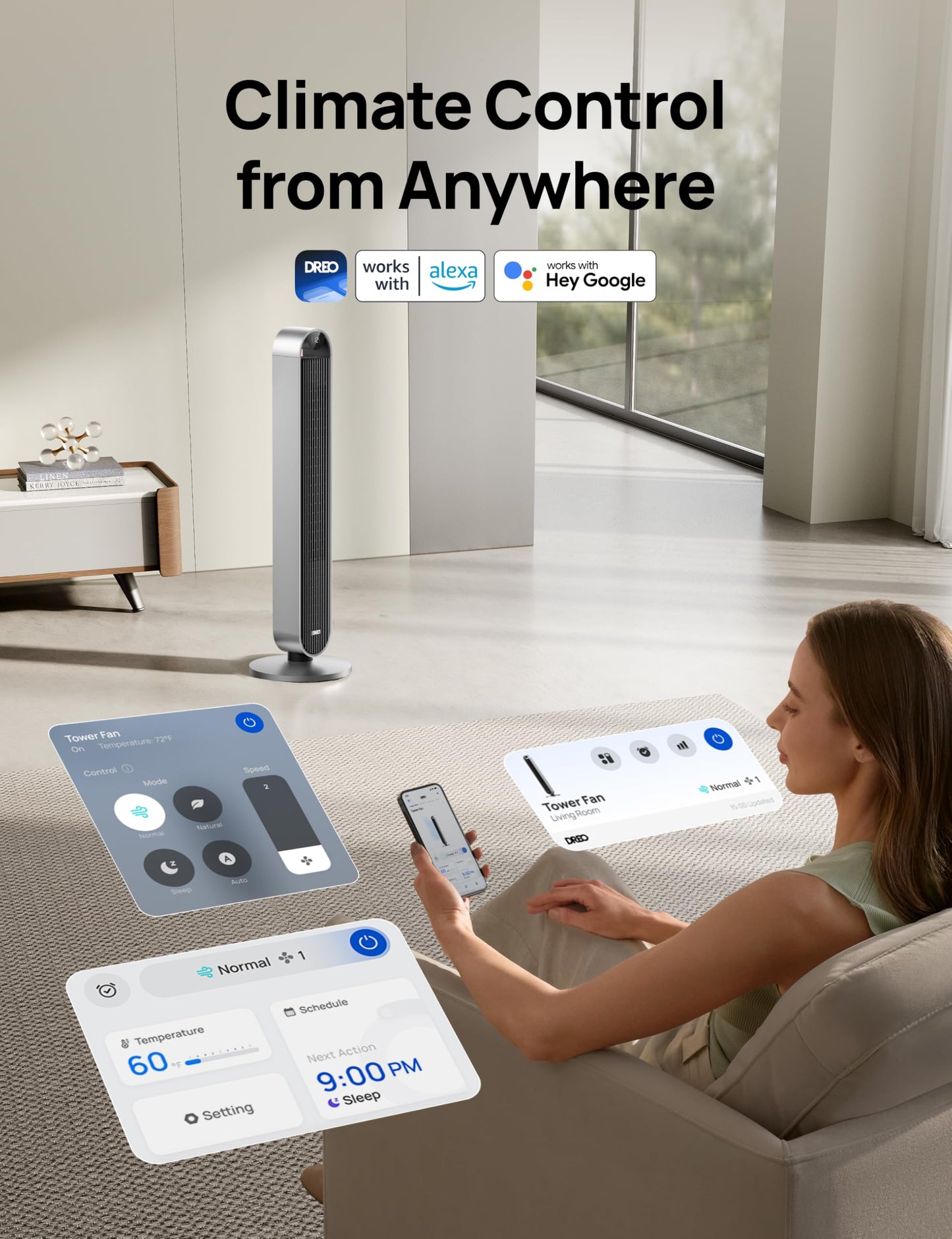 DREO Tower Fan for Bedroom, 42 Inch 120ยฐ Oscillating Fan, 20dB Quiet DC Motor, 28ft/s Velocity Bladeless Standing Fan with 12 Speeds, 4 Modes, 12H Timer Cooling Fans for Home, Living Room