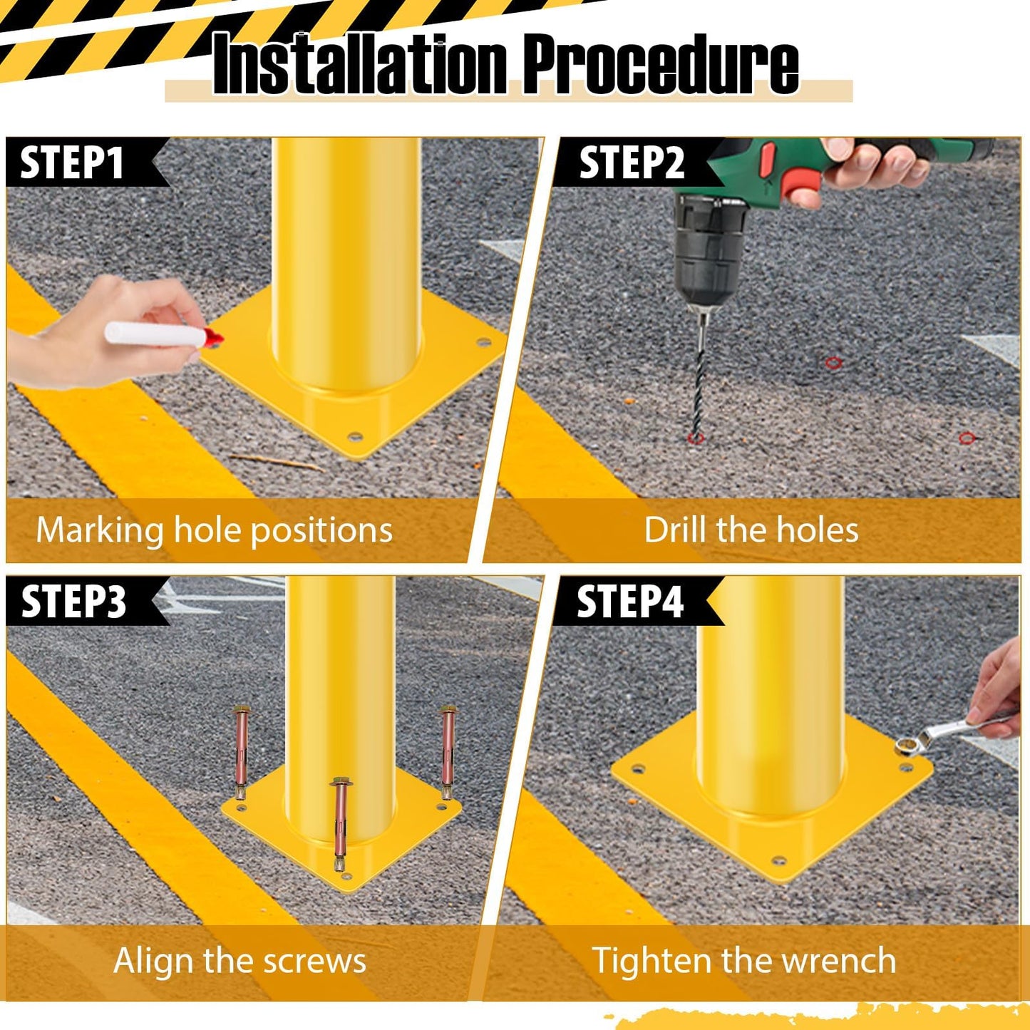 ExploreHorizon 4 Pack 48" Removable Safety Bollards, Surface Mount Steel Parking Barriers w/High-Vis Yellow PVC Stripes, Forklift Protection Posts for Indoor/Outdoor Traffic Control