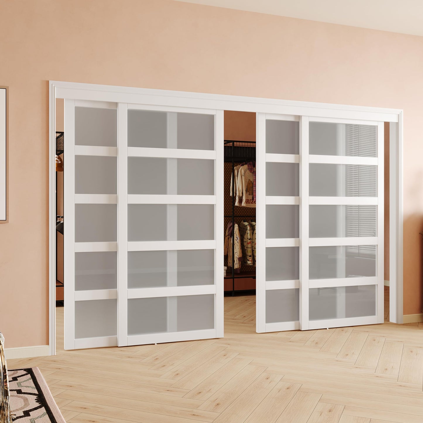 SOLRIG Sliding Closet Door, 72"(Double 36.96") x 80" Bypass Closet Doors, 5-Lite Frosted Glass Sliding Door with Hardware Track Kit & Floor Guide, Pre-Drilled Door Panel Assembly Required, MDF, White