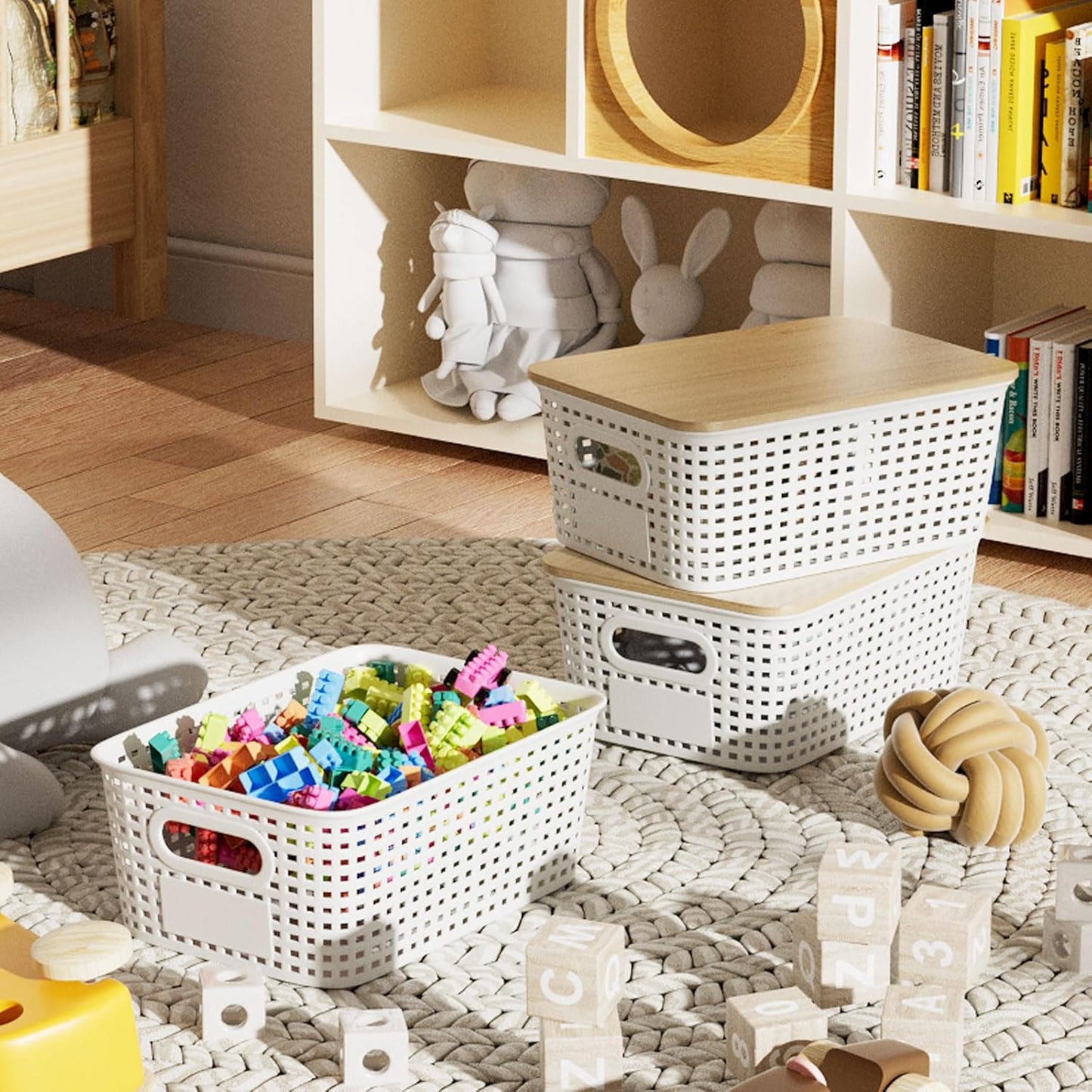Skiennix Storage Bins - Stackable Plastic Baskets with Bamboo Lids | 6 Pcs Pantry Organizer Set (10"x7.1"x4.1")