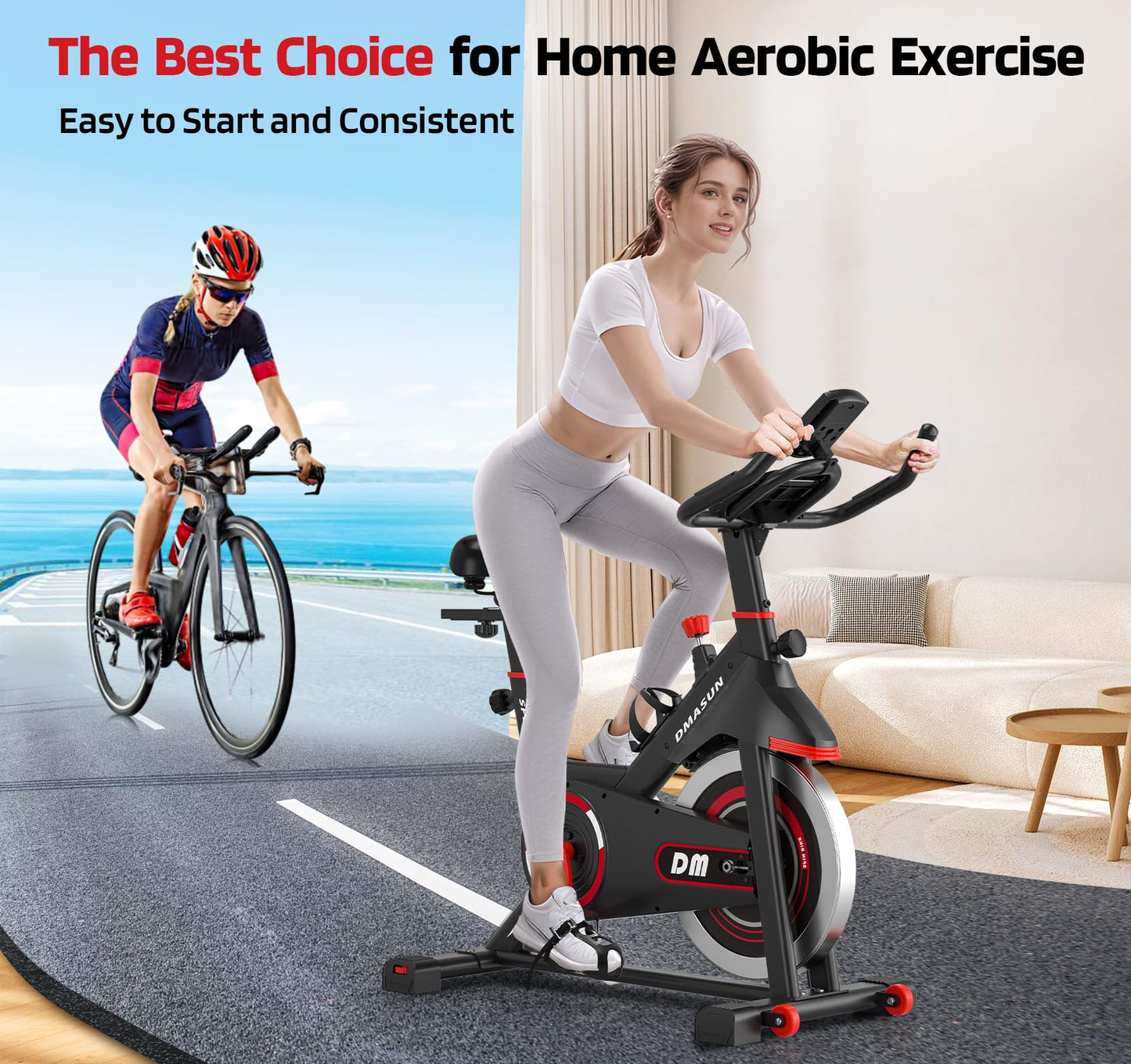 DMASUN Exercise Bike, Silent Magnetic Resistance Stationary Bike for Home with App Compatible, 330 LBS Capacity, Indoor Bike with Comfortable Seat Cushion, Digital Display with Tablet Holder