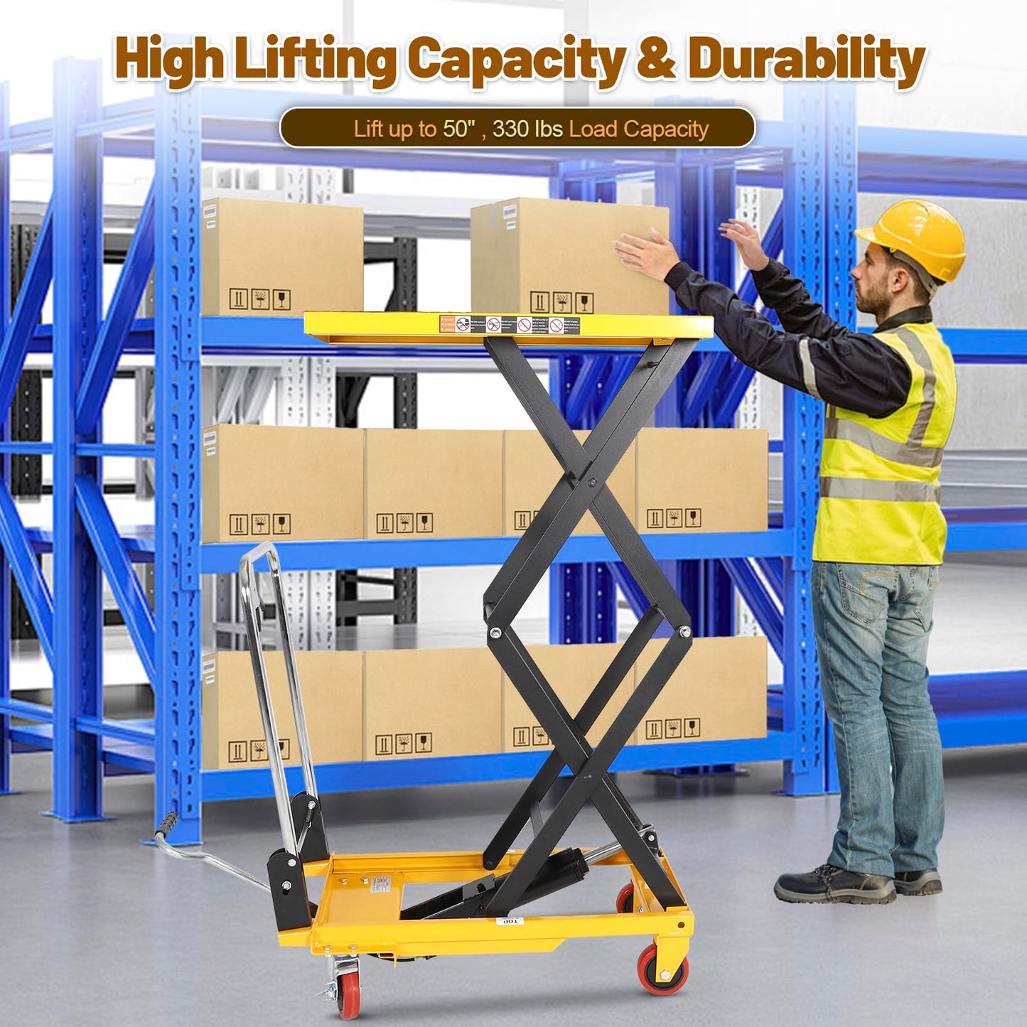 KAFLLA Double Scissor Hydraulic Lift Table Cart with Foldable Handle, 330 lbs Capacity, 11"–50" Lifting Range Manual Hydraulic Lift Cart with Anti-Slip Platform & 4 Wheels for Material Handling