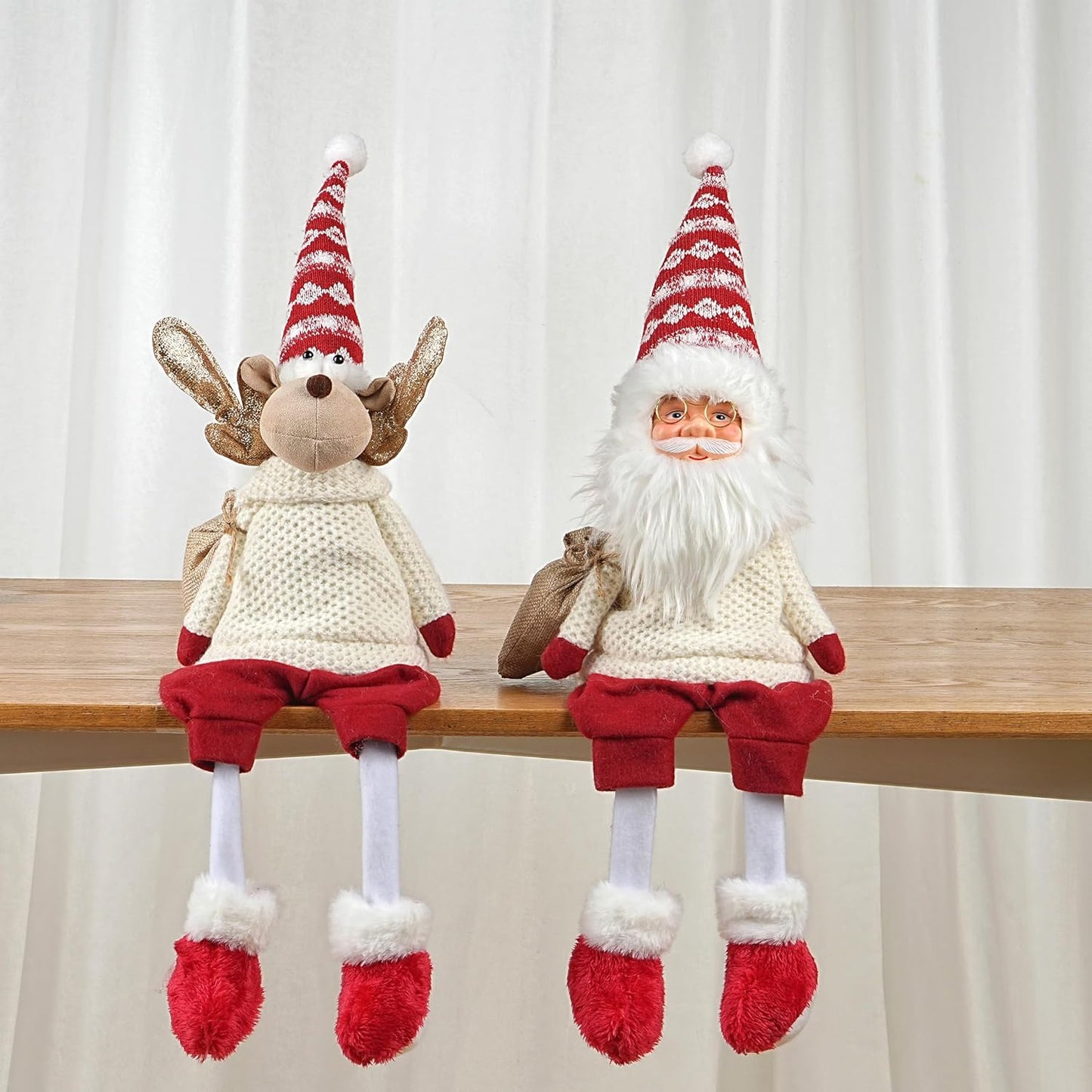 Regine Switzerland Christmas Sitting Reindeer Shelf Sitter Decor - 24 Inch Plush Figurine with Dangling Legs & Weighted Bottom for Holiday Mantel/Tabletop