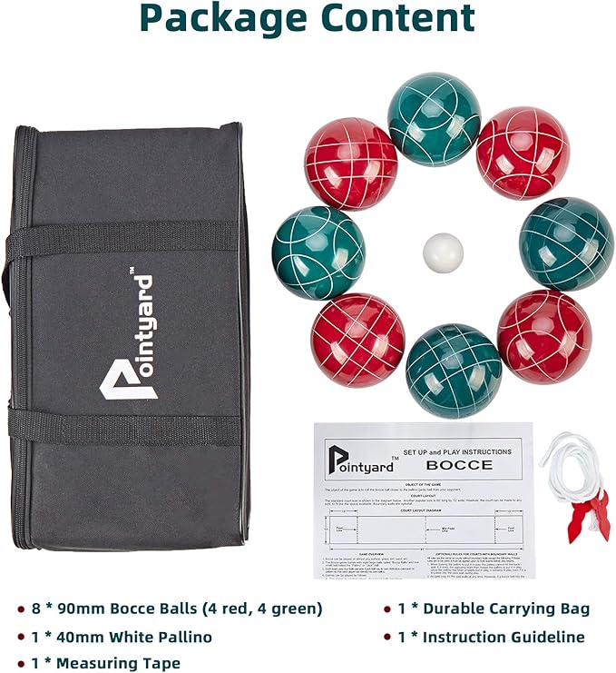 Pointyard Bocce Ball Set, 90mm Resin Bocce Ball Set with 8 Resin Bocce Balls/1 Pallino/Nylon Zippered Bag/Measuring Tape - Outdoor Lawn Games for Adults Family Kids/Yard/Beach Game