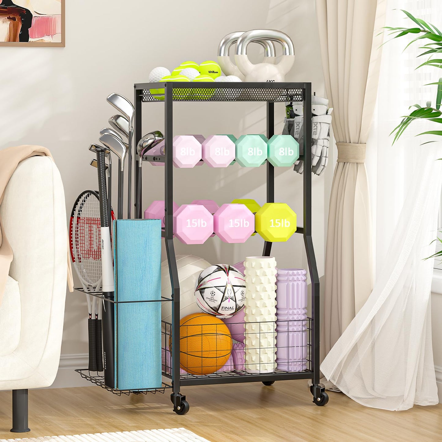 ThreeHio Home Gym Storage Rack, Dumbbell Rack with Yoga Mat Storage, Weight Rack Stand with Lockable Wheels and Hooks, Home Workout Equipment Organizer for Yoga, Dumbbell, Kettlebells, Ball Storage