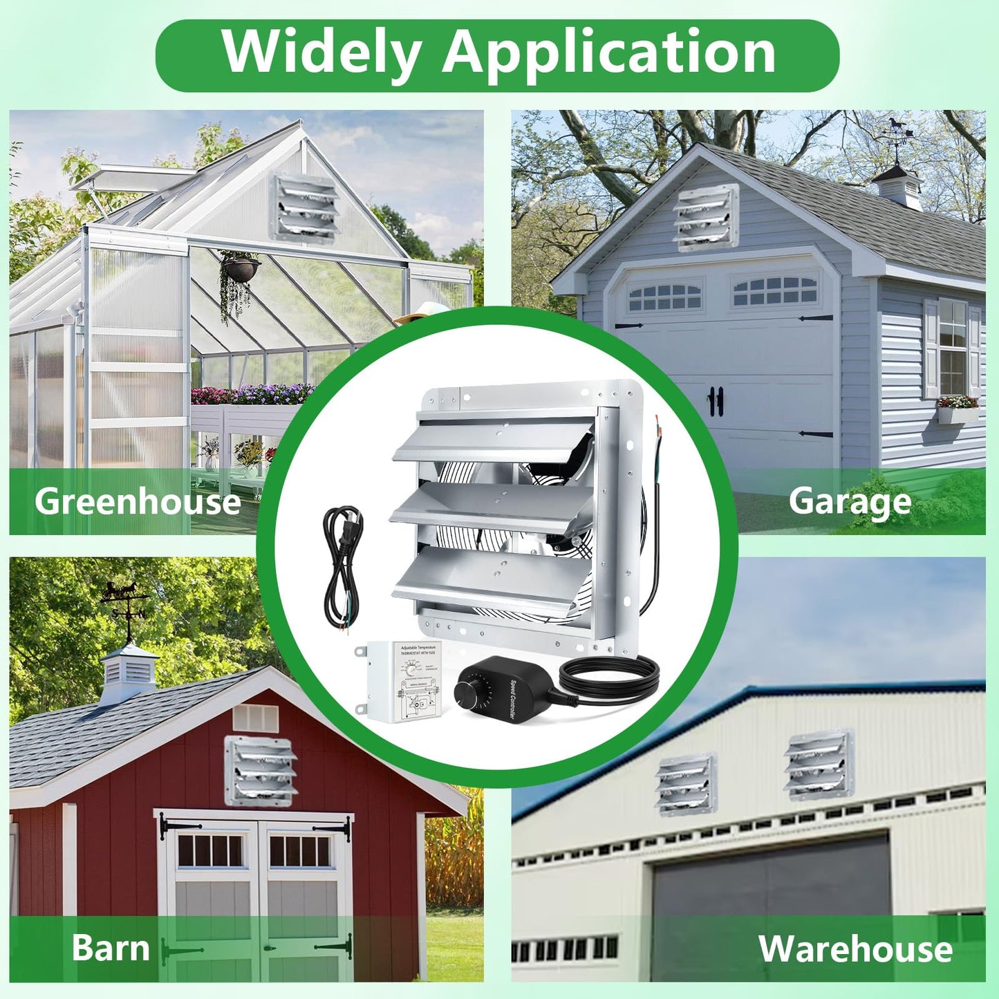 Aibabcue Shutter Exhaust Fan with Thermostat & Speed Control, 1030 CFM,1688RPM, Upgrade 12 inch Wall Mount Attic Vent Fan for Chicken Coops, Greenhouse, Gable, Barn, Garage, Shed Ventilator