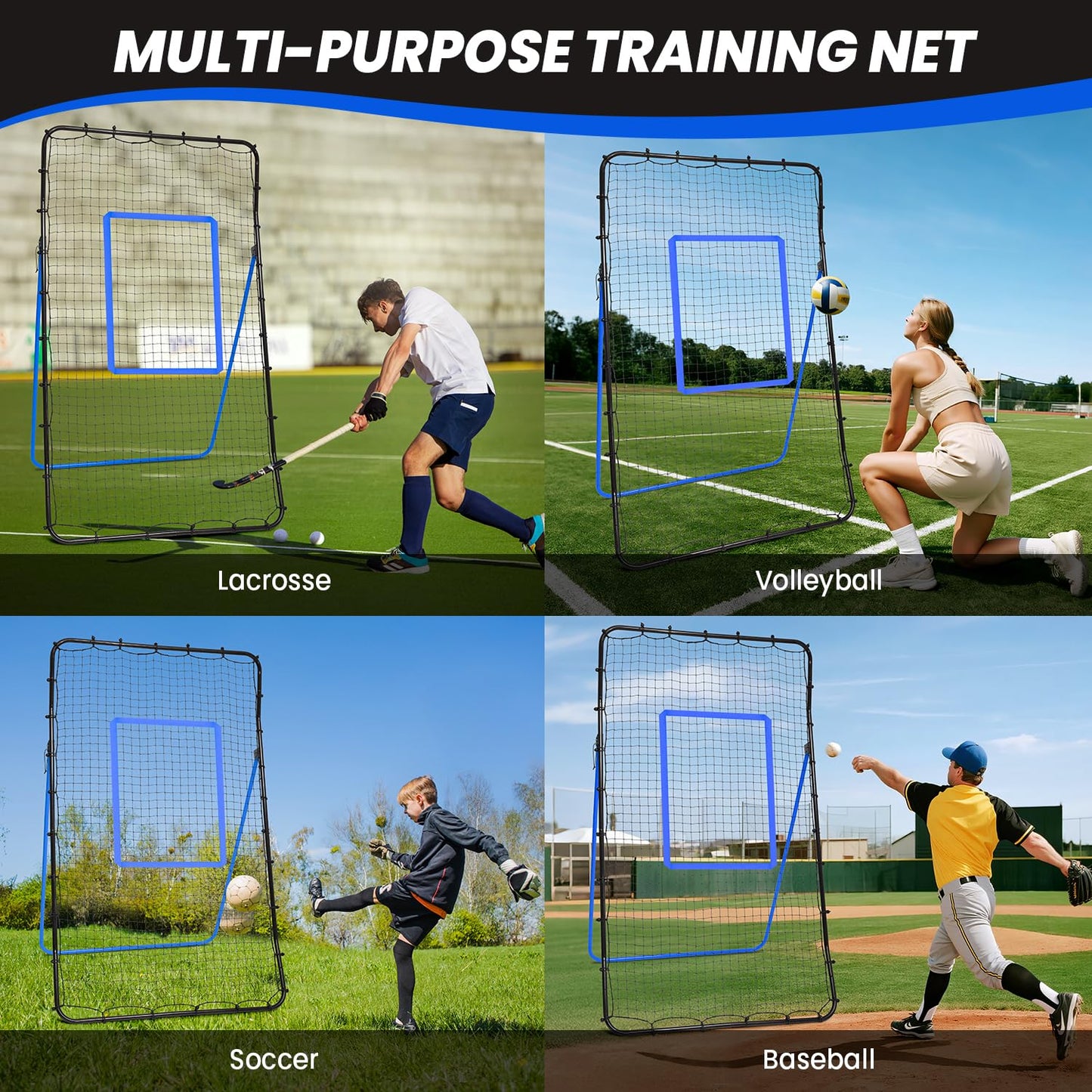 BAGAIL Volleyball Rebounder Net 7x4 Ft, Bounce Back Training Equipment with Unique Curved Frame for Better Catching, 5 Adjustable Angles for Volleying & Spiking, Easy Set Up & Sturdy Base - Blue
