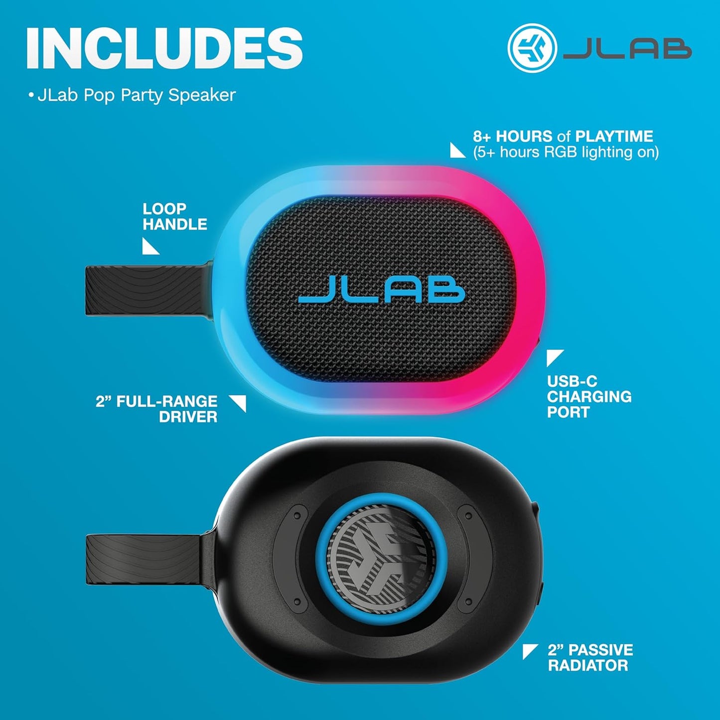 JLab 8+ IP55 100 Pop Party Portable Bluetooth Speaker, Black, Hours of Playtime, Waterproofing, Detachable Loop Handle