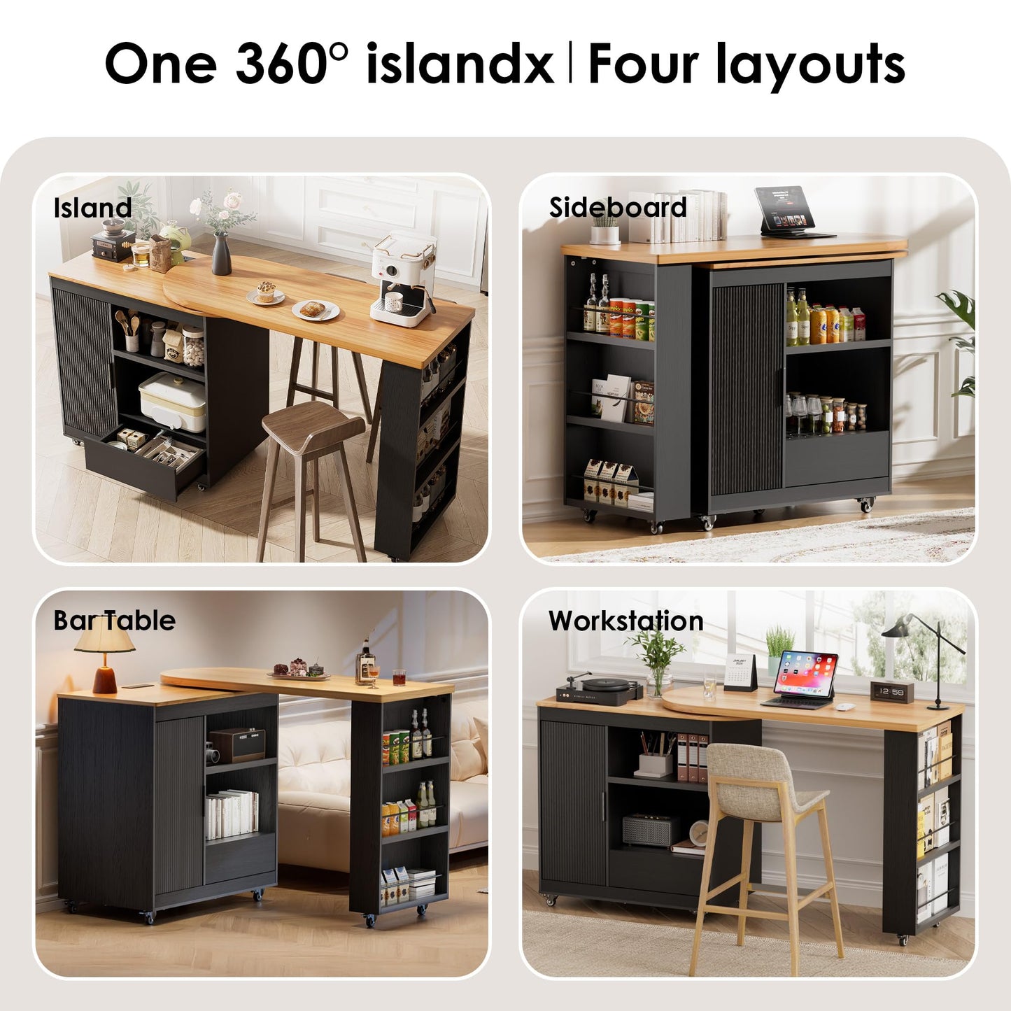66'' Rolling Kitchen Island with 360° Swivel Tabletop Mobile Kitchen Island with Power Outlet Rotating Kitchen Islands with Storage Cabinets Wood Kitchen Island Table for Kitchen, Bar, Dining Room