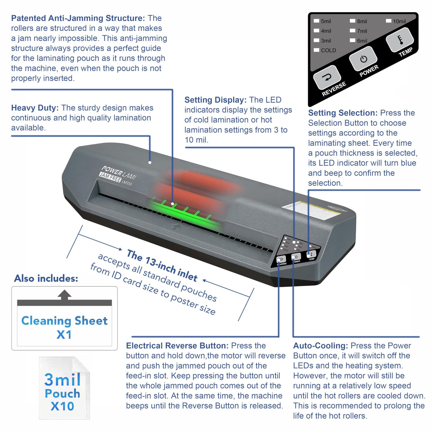 SINCHI 13" Commercial Laminator | 3–10 Mil, 4-Roller, 48s Warm-Up, 17s/Sheet, Heavy Duty No-Jam Design, Works with Cardstock & Dark Prints, Includes 10 Sheets, Ideal for Office, School & Business