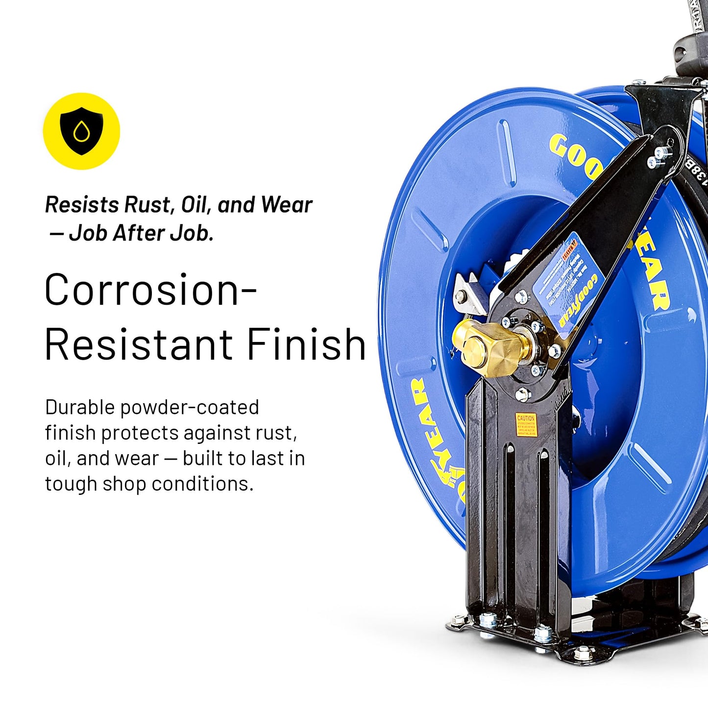 Goodyear Oil Hose Reel Retractable 1/2" Inch x 50' Foot Long Premium Commercial SAE 100R1AT Hose Max 2320 Psi Steel Construction Elite Heavy Duty Industrial Spring Driven Dual Arm and Pedestal