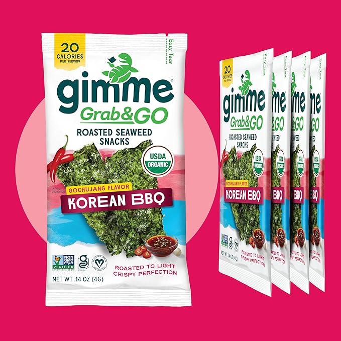 Gimme Seaweed Grab & Go Organic Premium Roasted Seaweed Snacks, Korean BBQ, 5 Count Trayless, Keto, Vegan, Gluten-Free, Source of Omega3s, Healthy On-The-Go Snack for Kids & Adults
