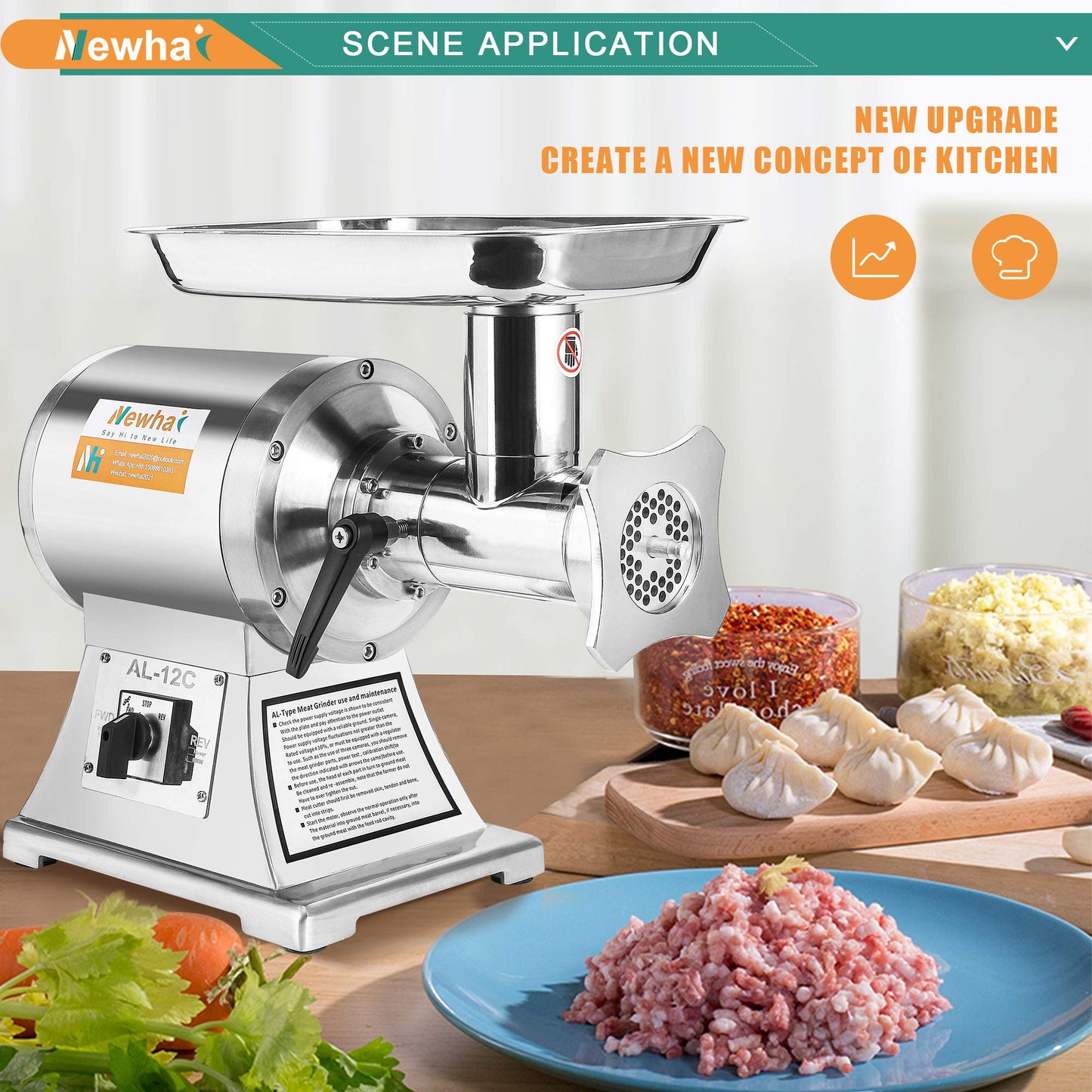 Newhai 650W Commercial Meat Grinder Electric Meat Grinding Machine Heavy Duty Industrial Meat Mincer Sausage Stuffer 6mm/8mm Plates Stuffing Tubes for Restaurant (110V US Plug)