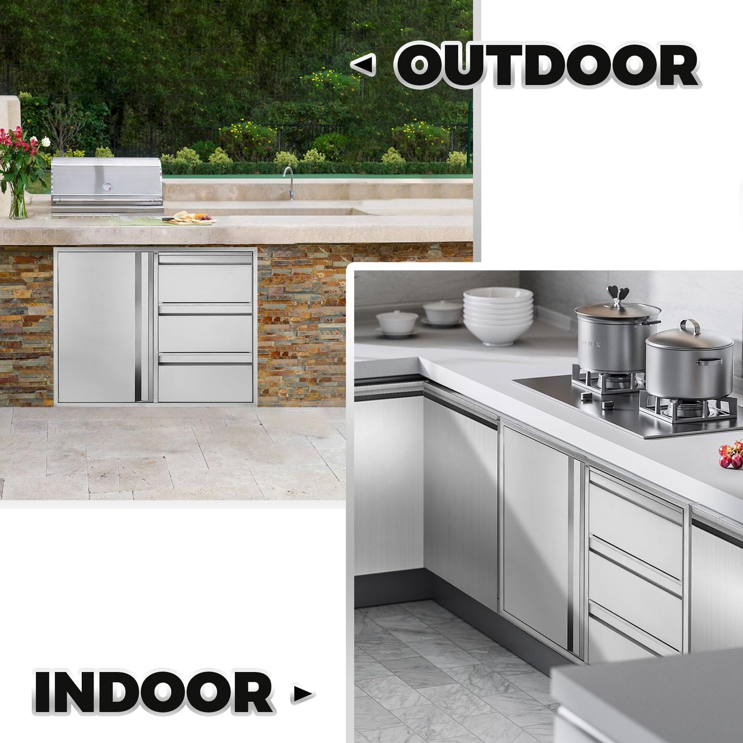 POPMOON 304 Stainless Steel Outdoor Kitchen Drawer Combo-28''W x 22''H x 19.5''D, Triple Storage Drawers & Access Door, Brushed Finish for BBQ Island